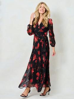 Hope & Ivy The Camilla Floral Long Sleeve Wrap Maxi Dress - view 2, Black/Red