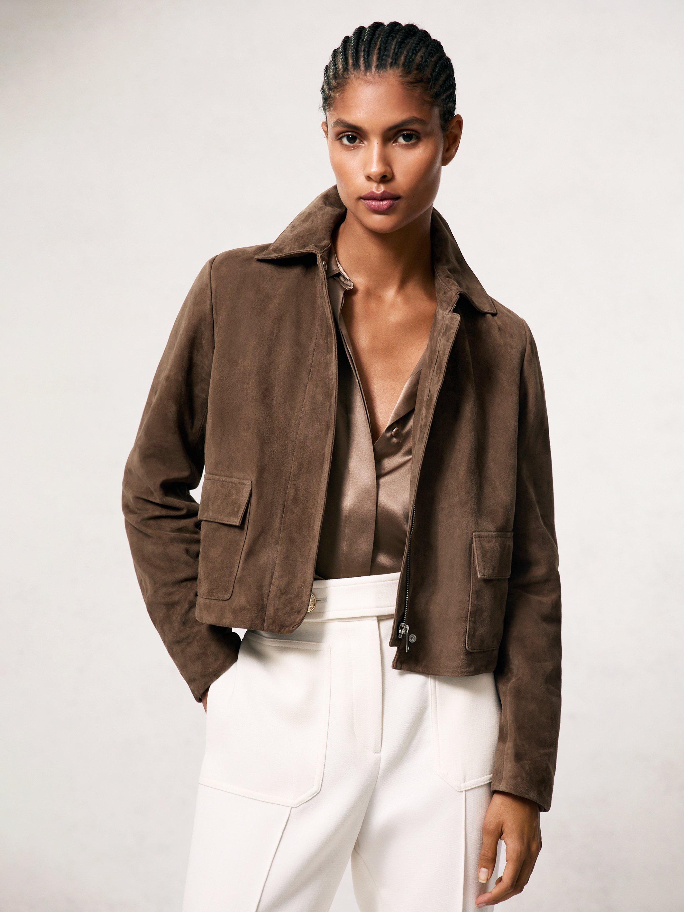 Reiss Drew Cropped Suede Jacket, Taupe Neutral