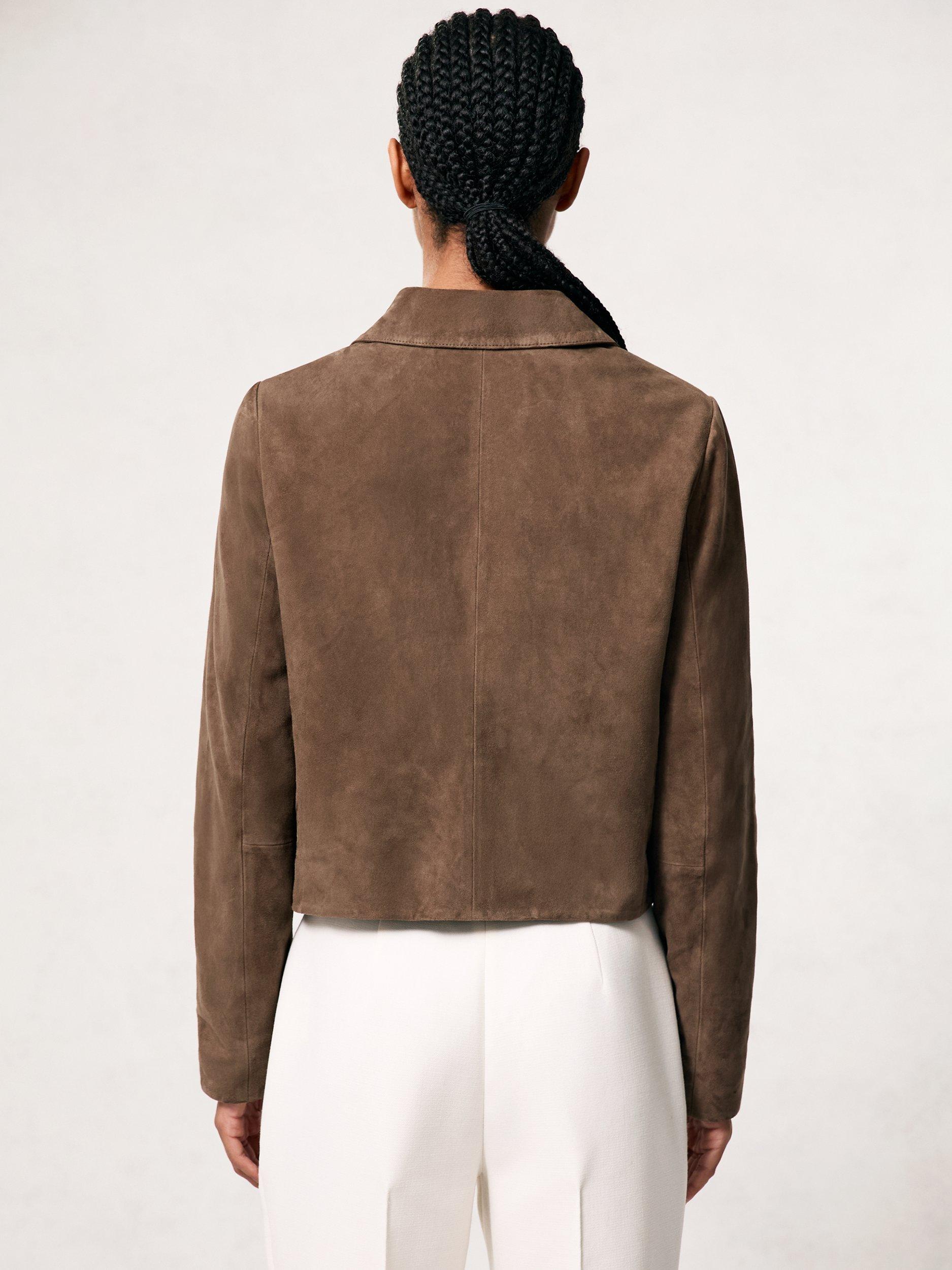 Product image 2 of 5, which shows Reiss Drew Cropped Suede Jacket, Taupe Neutral, 14