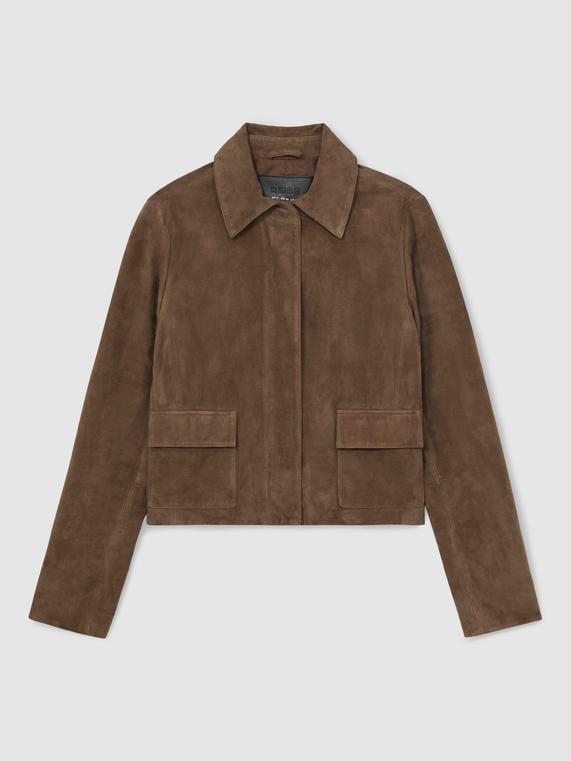 Product image 3 of 5, which shows Reiss Drew Cropped Suede Jacket, Taupe Neutral, 14