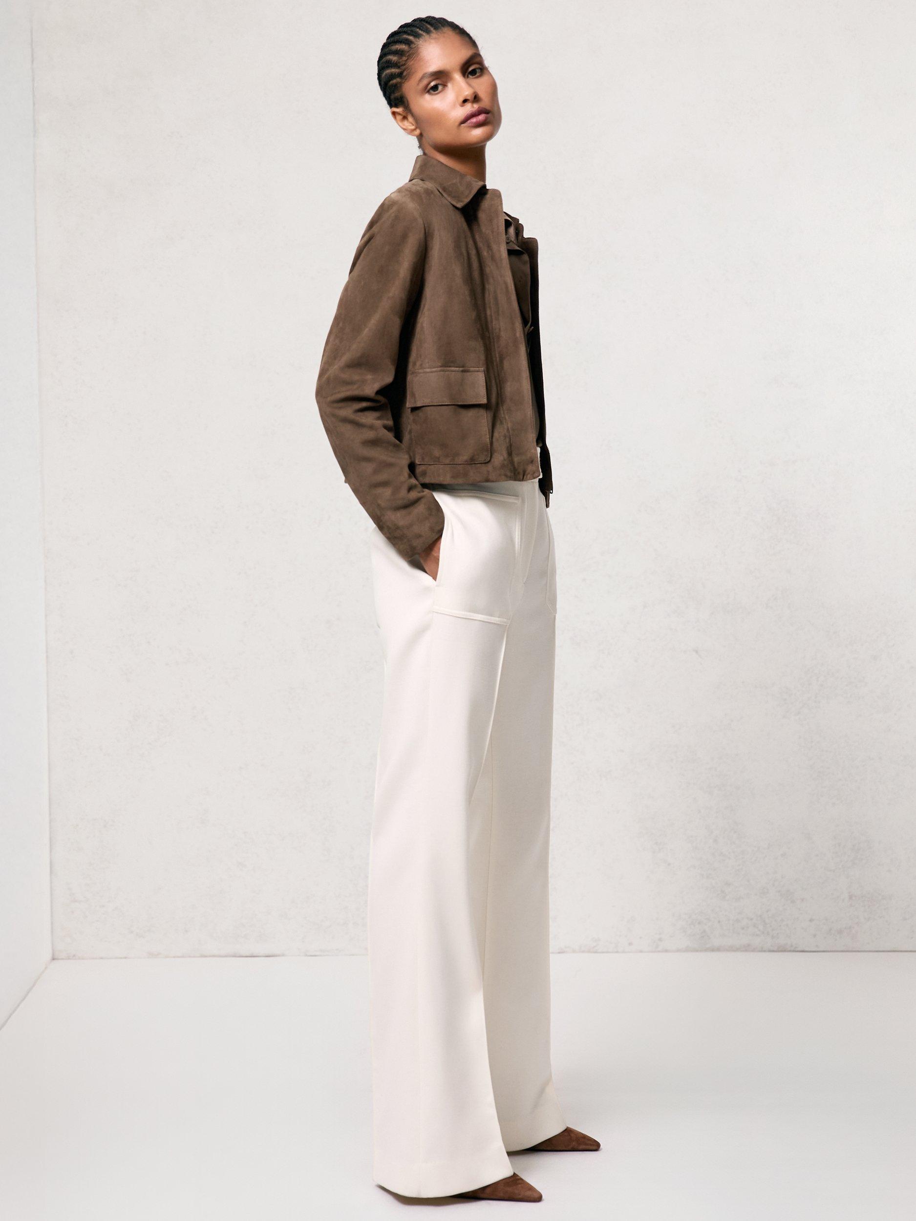 Product image 4 of 5, which shows Reiss Drew Cropped Suede Jacket, Taupe Neutral, 14