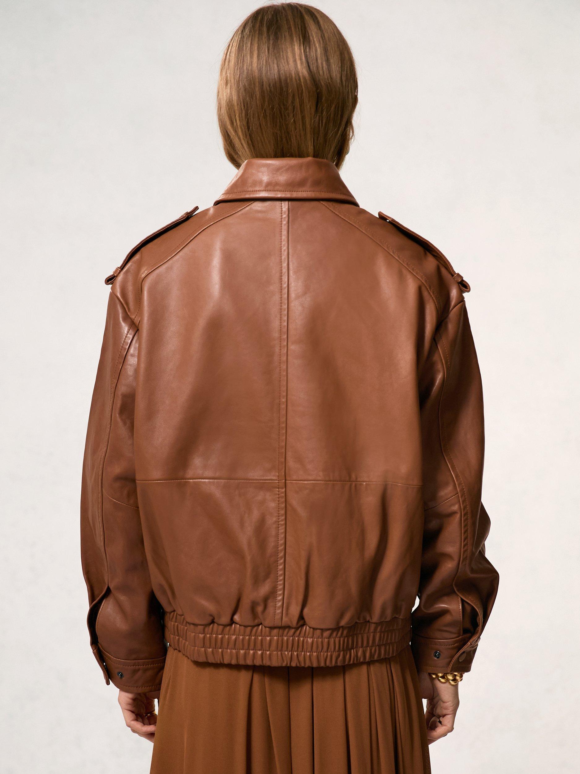 Product image 2 of 5, which shows Reiss Peyton Leather Long Sleeved Jacket , Tan, 6