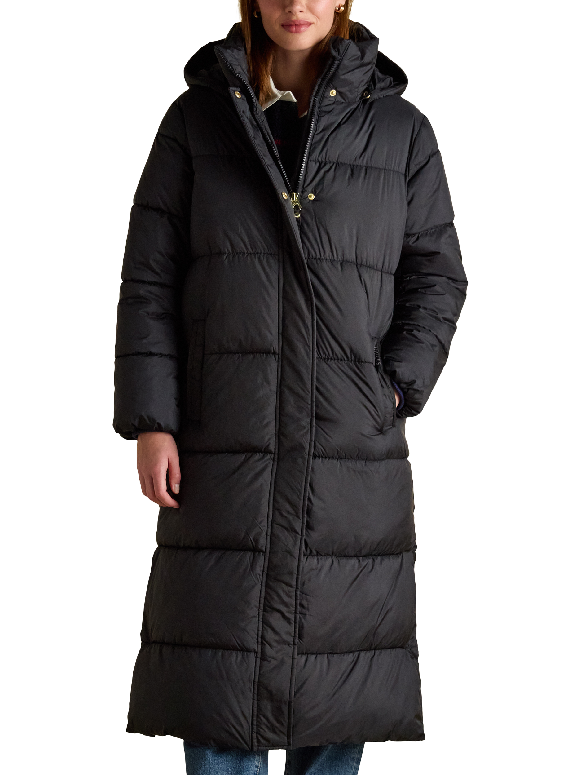 Product image 1 of 3, which shows Joules Showerproof Padded Longline Coat, Black, 6