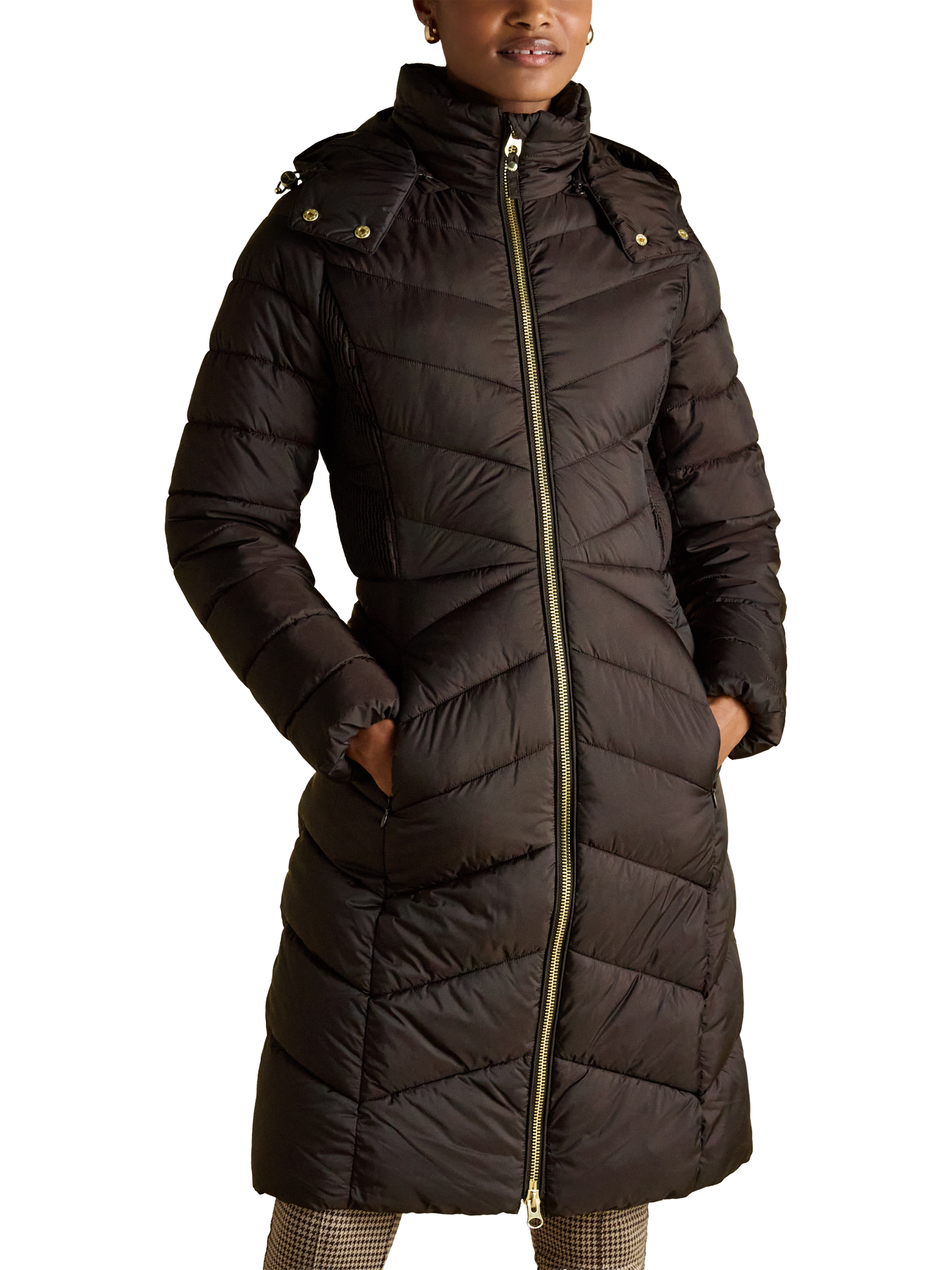 Product image 1 of 10, which shows Joules Pembury Showerproof Longline Padded Coat, Brown, 6