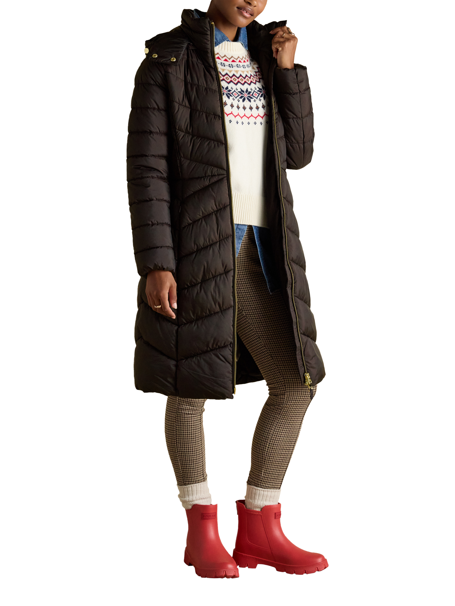 Product image 3 of 10, which shows Joules Pembury Showerproof Longline Padded Coat, Brown, 6