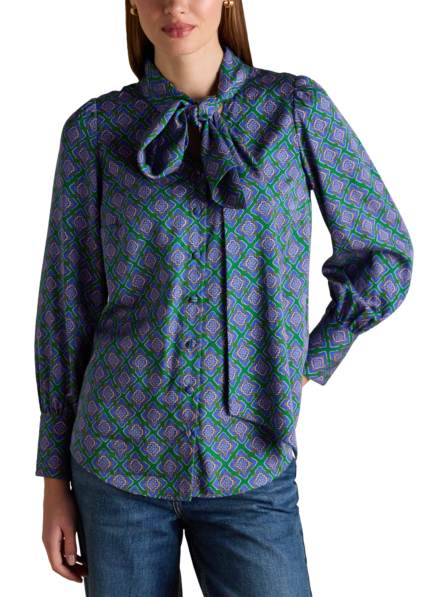 Product image 1 of 8, which shows Joules Geometric Print Tie Neck Blouse, Blue/Green, 6