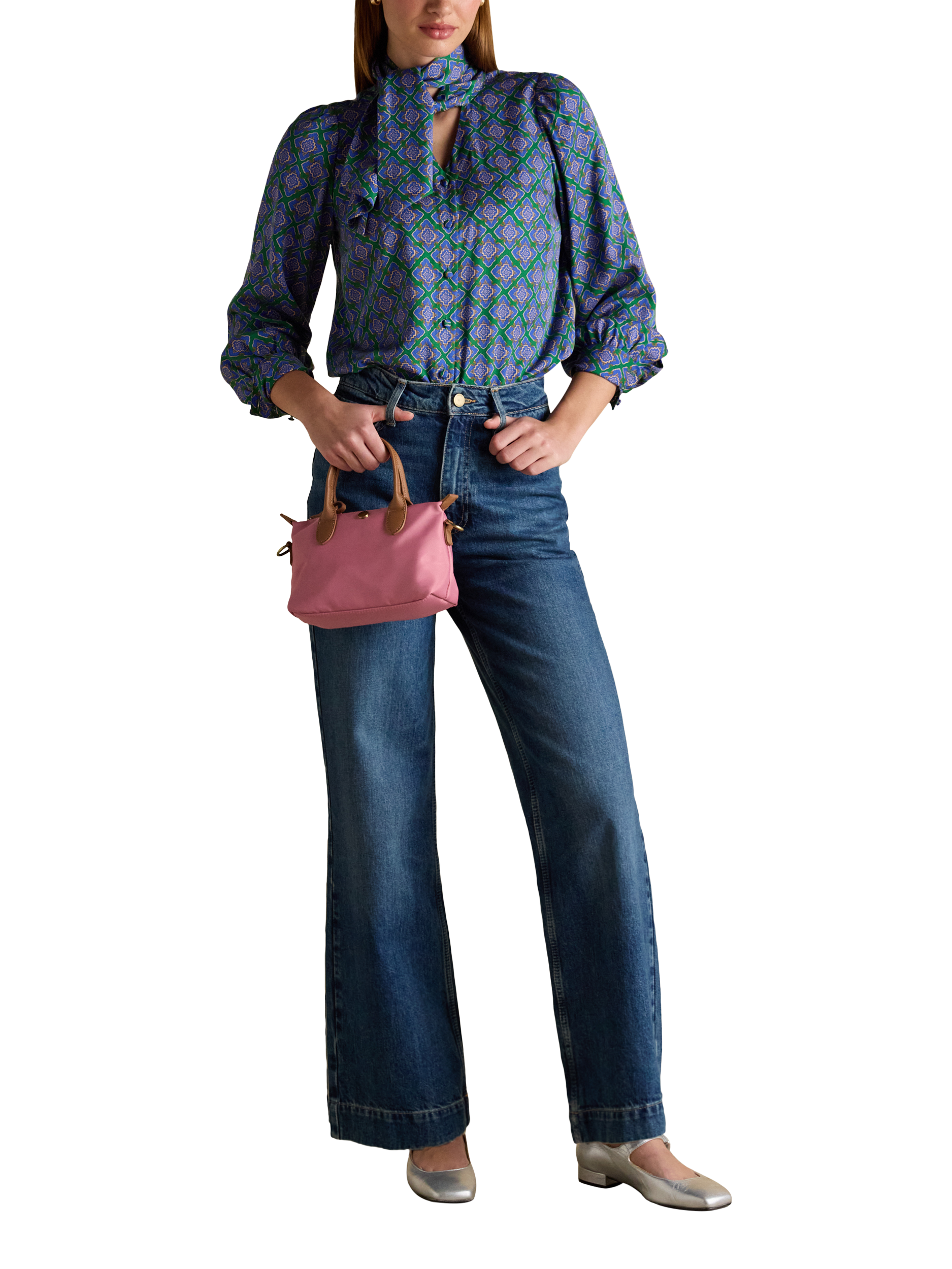 Product image 4 of 8, which shows Joules Geometric Print Tie Neck Blouse, Blue/Green, 6