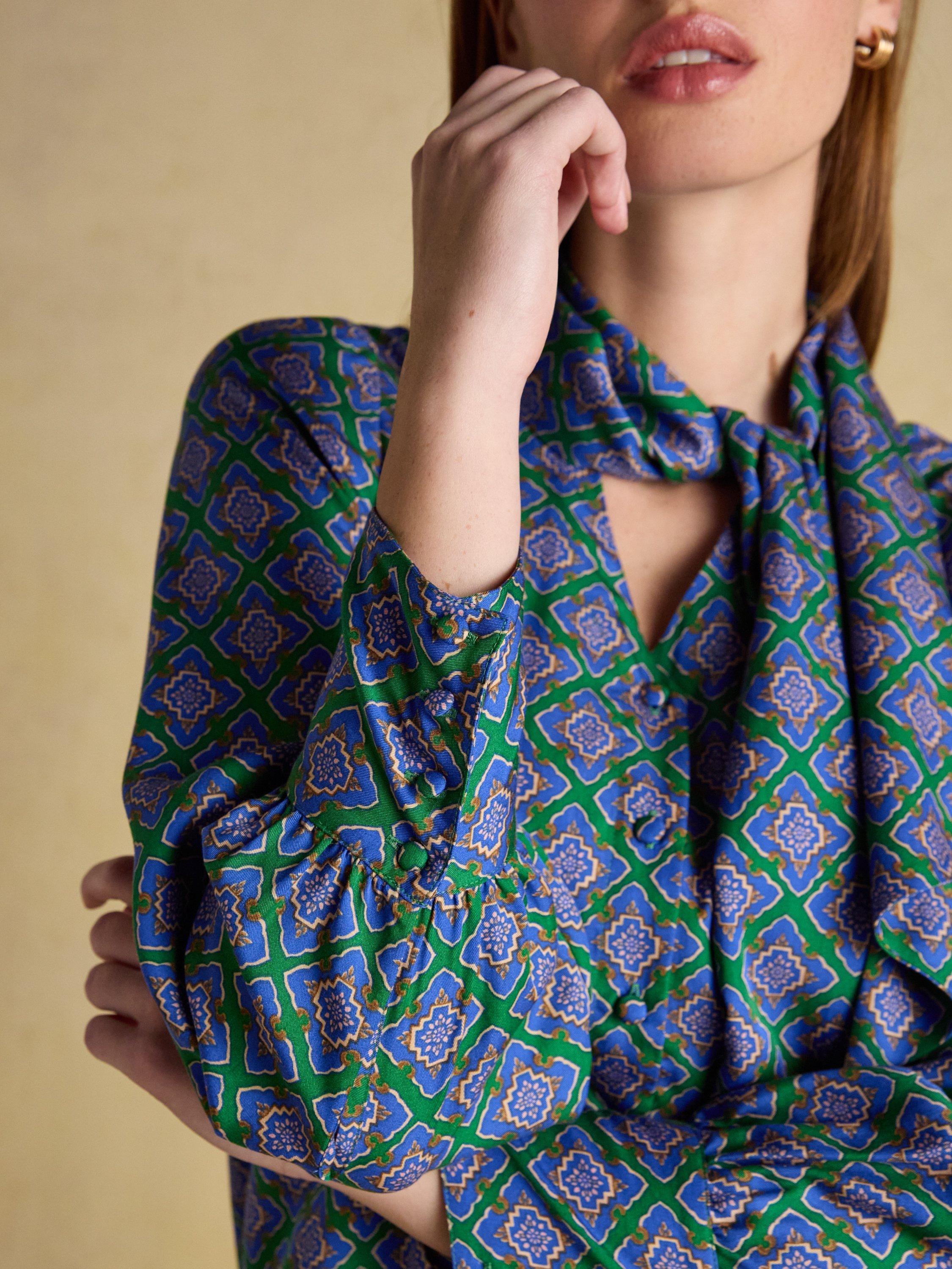 Product image 5 of 8, which shows Joules Geometric Print Tie Neck Blouse, Blue/Green, 6