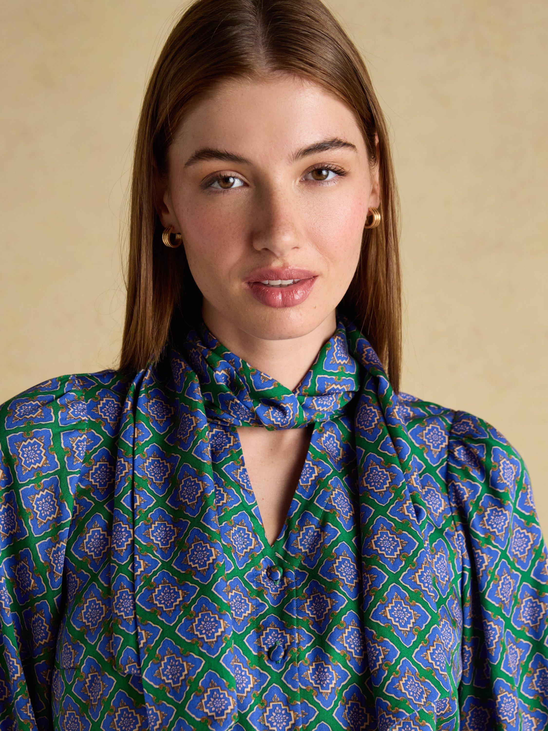 Product image 6 of 8, which shows Joules Geometric Print Tie Neck Blouse, Blue/Green, 6