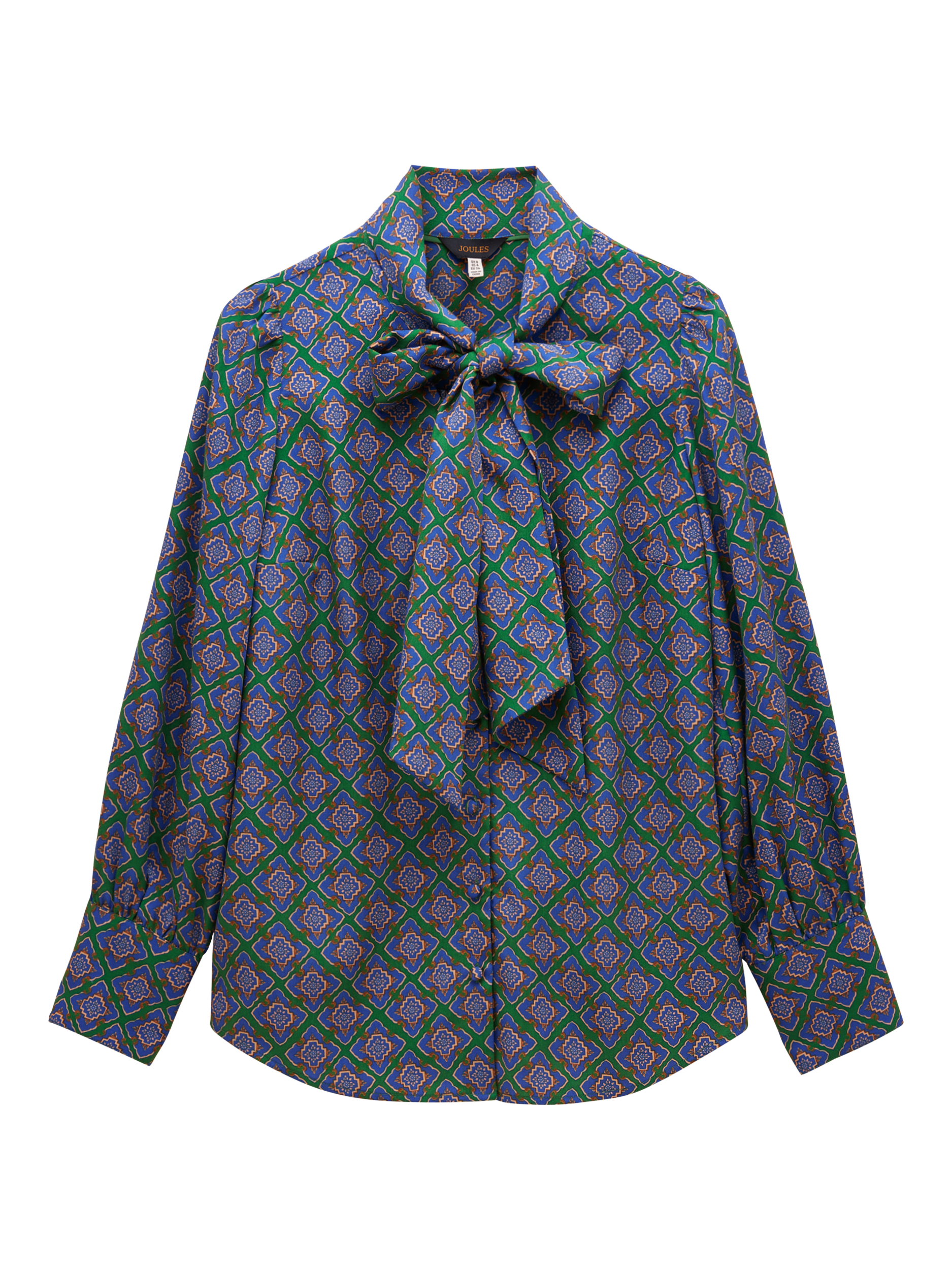 Product image 8 of 8, which shows Joules Geometric Print Tie Neck Blouse, Blue/Green, 6
