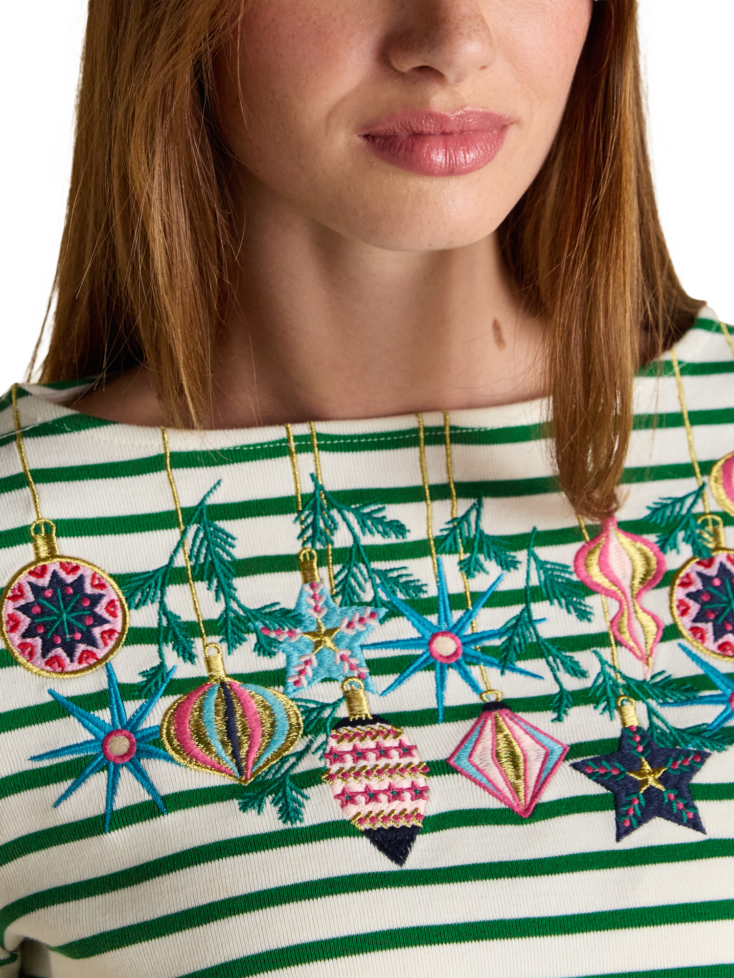 Product image 6 of 7, which shows Joules Harbour Boat Neck Breton Top , Green/White, 6