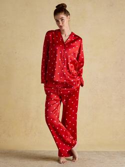 Joules Polka Dot Satin Button Through Long Pyjama Set, Red, Red