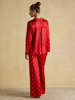 Joules Polka Dot Satin Button Through Long Pyjama Set, Red - view 2, Red