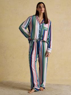 Joules Stripe Button Through Long Pyjama Set, Multi, Multi