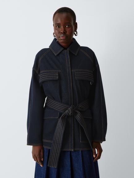 MM by MaxMara West Tie Waist Denim Jacket, Dark Navy, Dark Navy