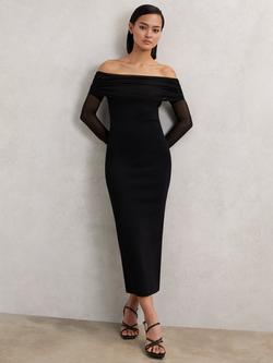 Reiss Angelica Bandeau Neck Long Sleeve Midi Dress, Black, Black