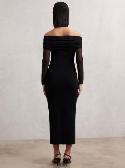Reiss Angelica Bandeau Neck Long Sleeve Midi Dress, Black - view 2, Black