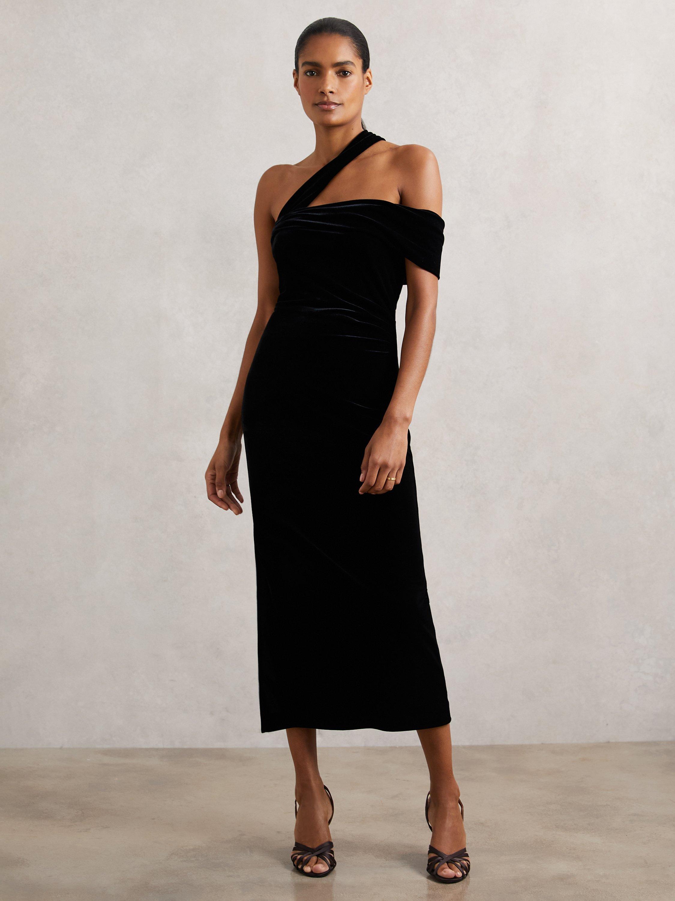 Reiss Dalia Asymmetric Neck Sleeveless Midi Dress, Black