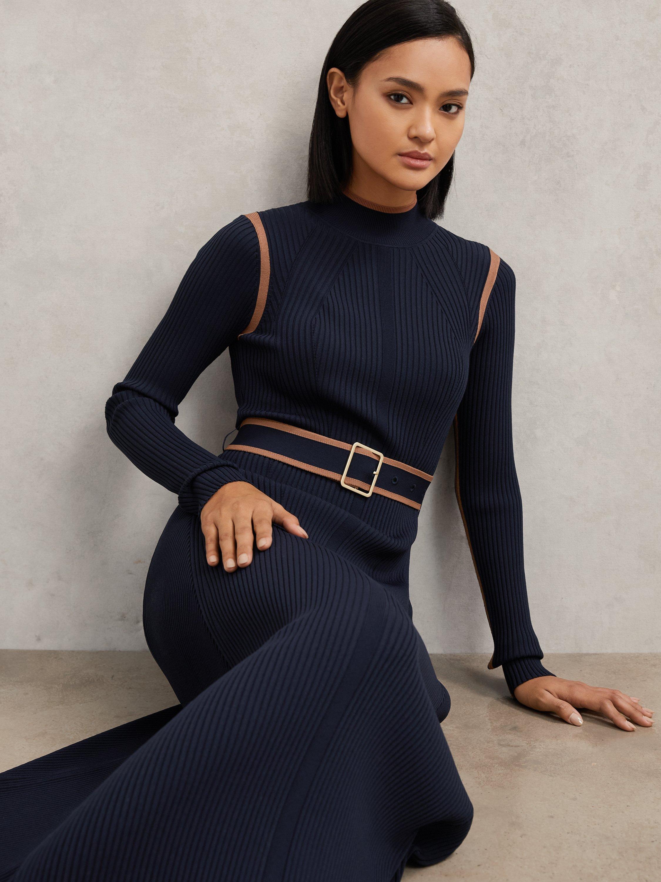 Reiss Ella Colour Block Jumper Dress, Navy/Camel