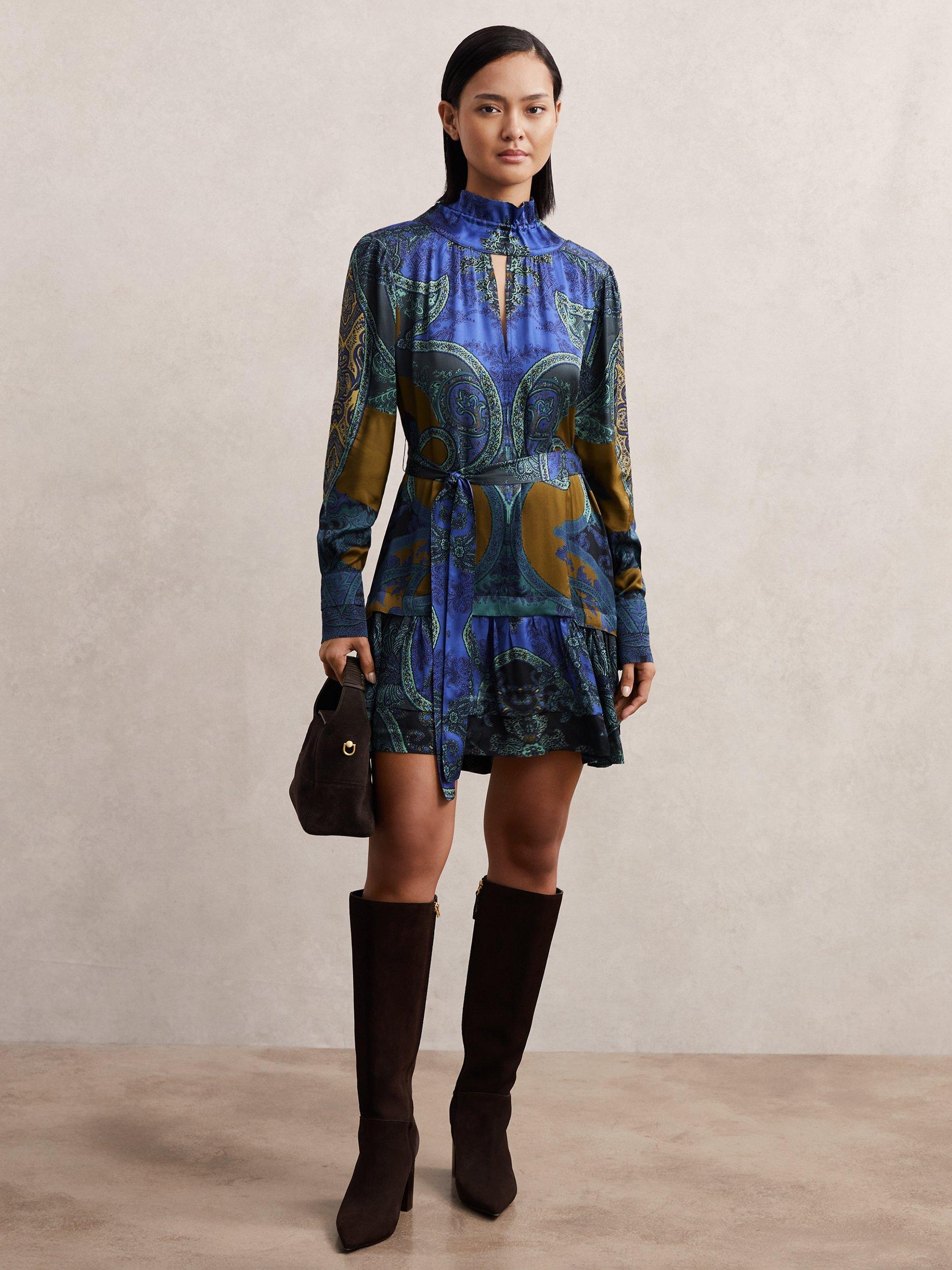 Product image 3 of 4, which shows Reiss Paisley Mini Dress, Blue, 12