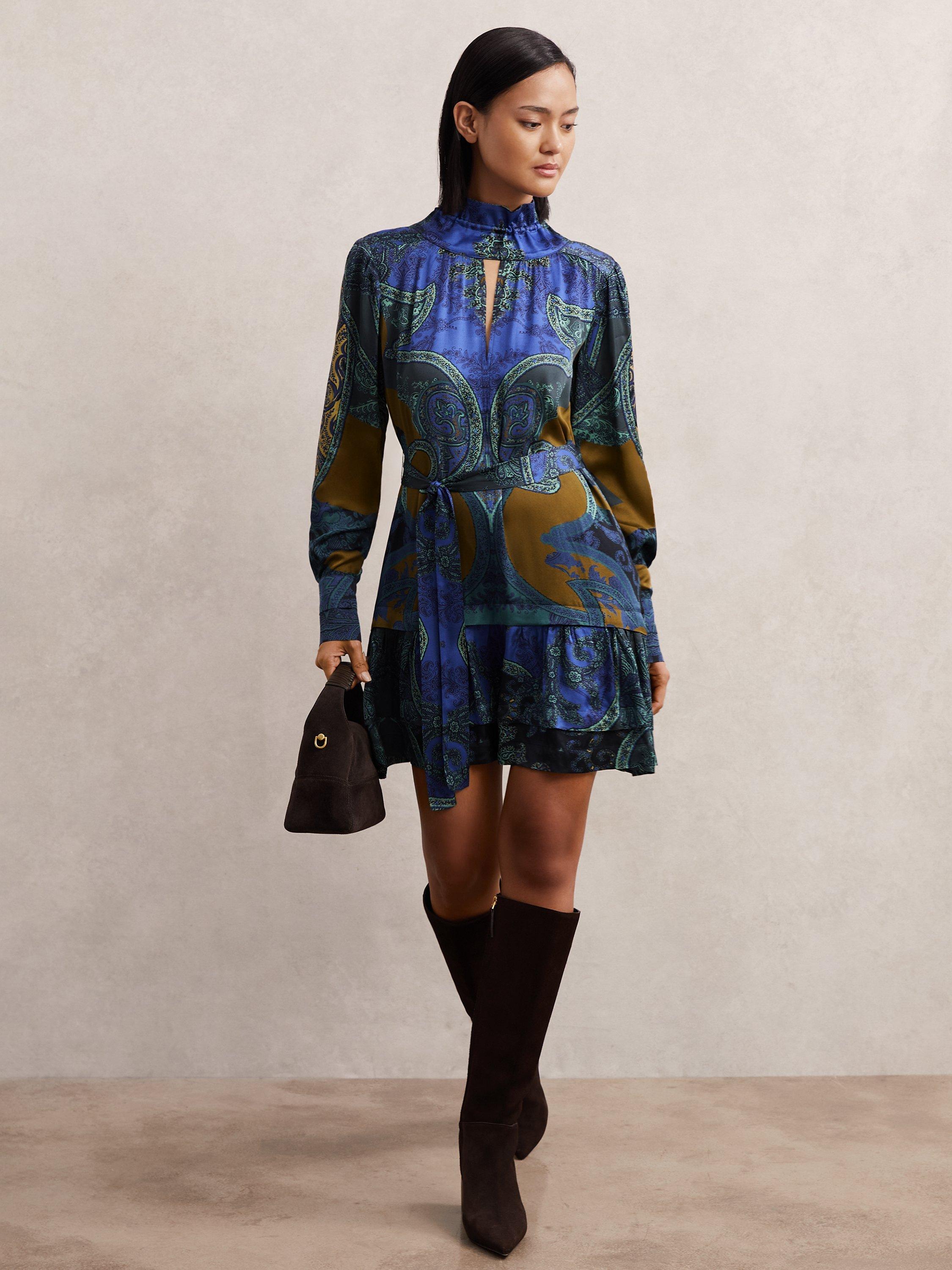 Product image 4 of 4, which shows Reiss Paisley Mini Dress, Blue, 12
