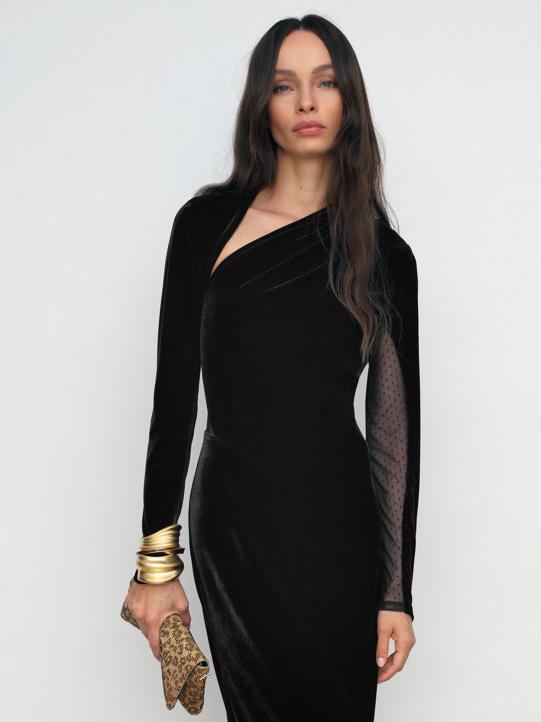 Reiss Petite Kass Sheer Panel Velvet Midi Dress, Black