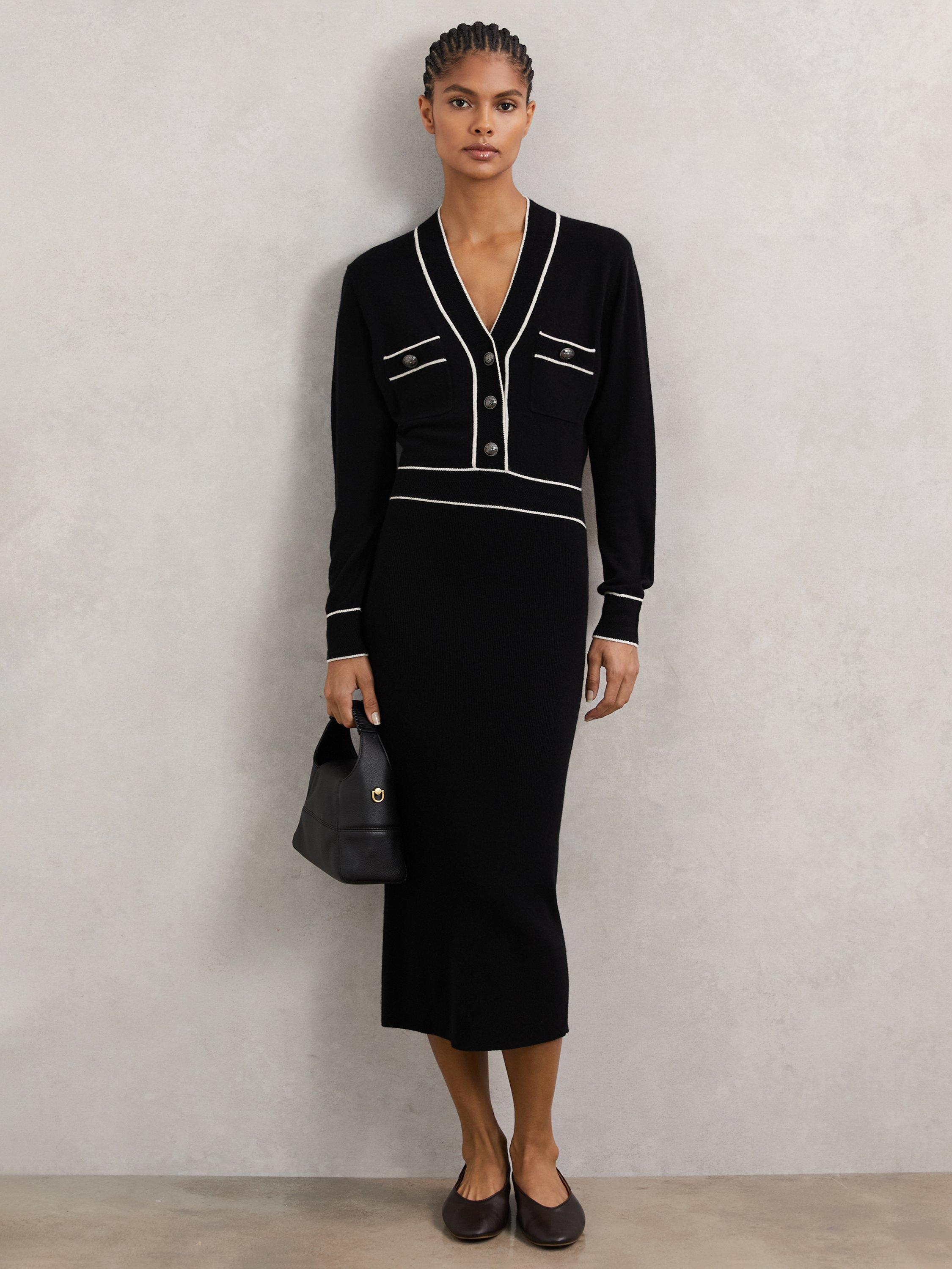 Reiss Petite Lorrie Wool Blend Jumper Dress, Black/Ivory