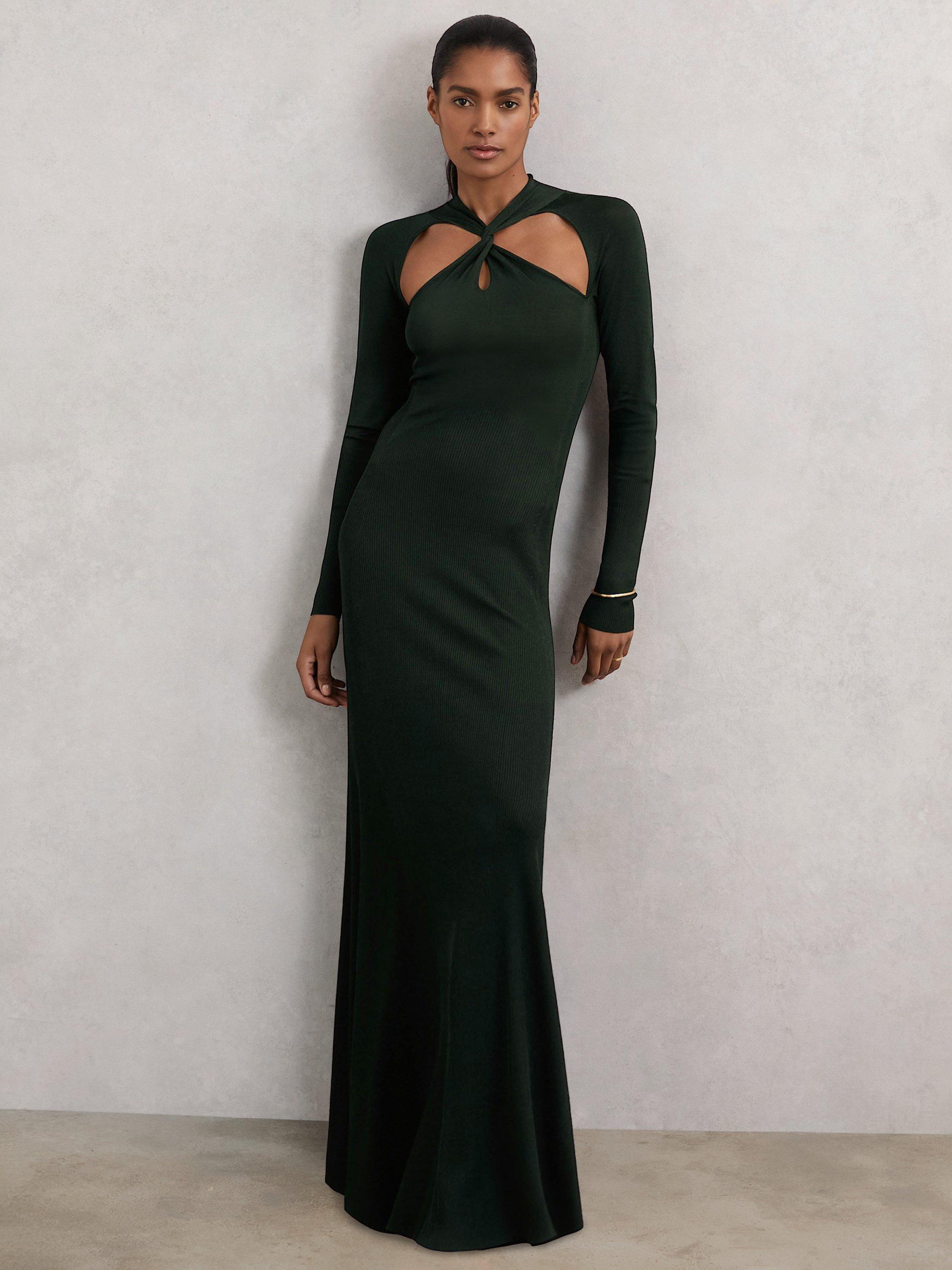 Reiss Petite Vivienne Cut Out Knitted Midi Dress, Dark Green