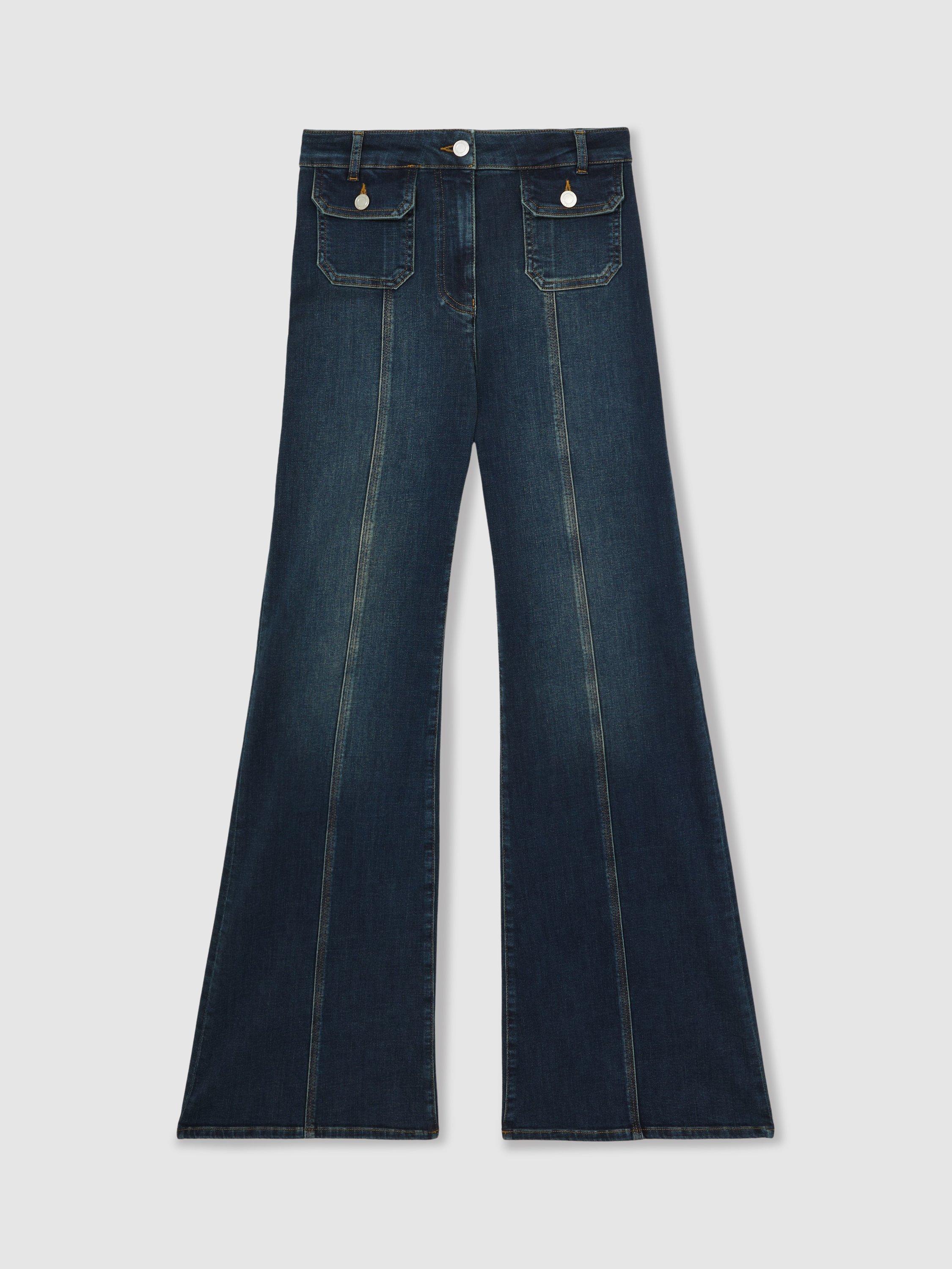 Product image 3 of 5, which shows Reiss Petite Gloria Flared Jeans, Mid Blue, 25Pt