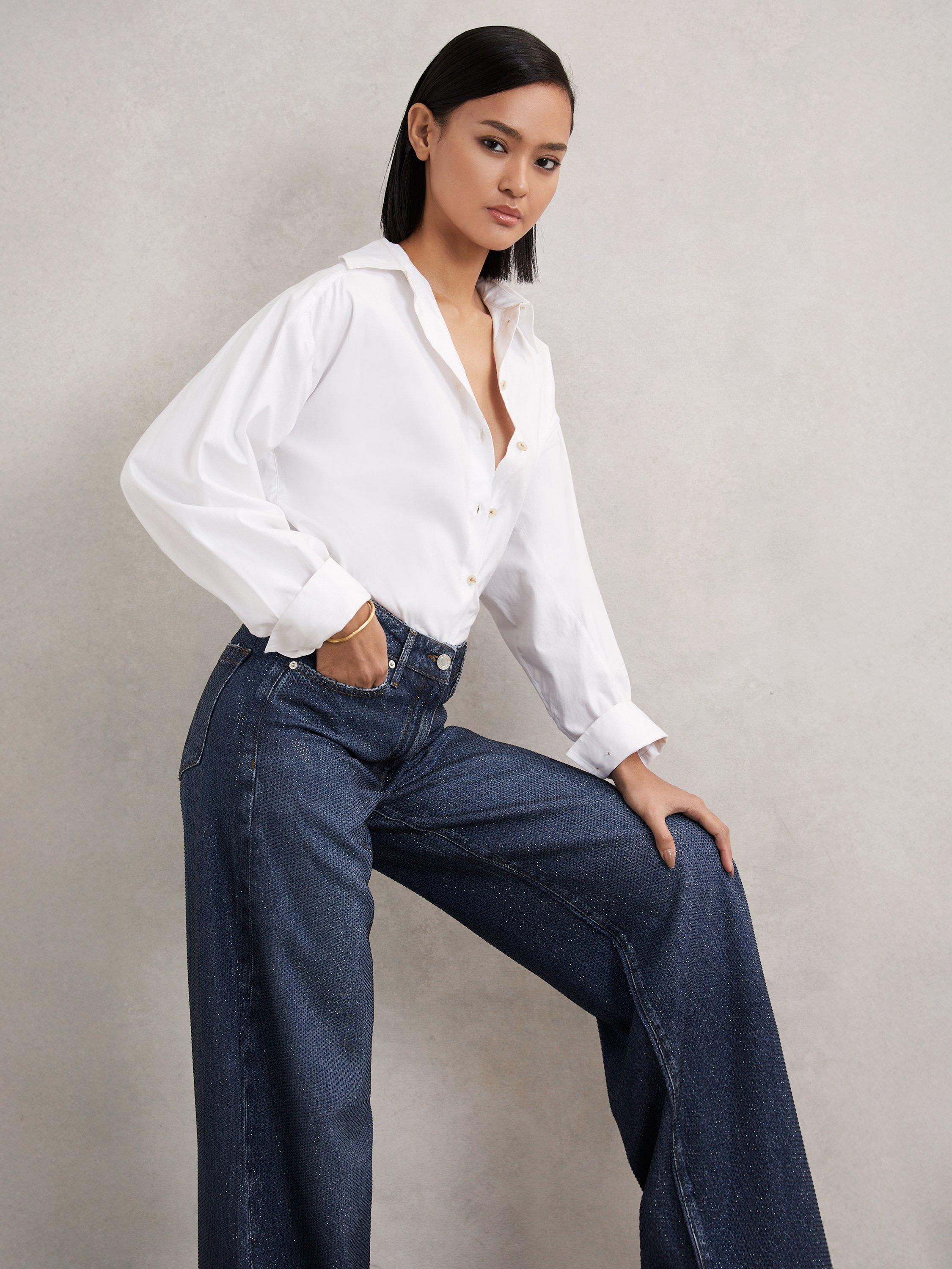 Product image 1 of 5, which shows Reiss Petite Mimi Embellished Jeans, Dark Blue, 26Pt