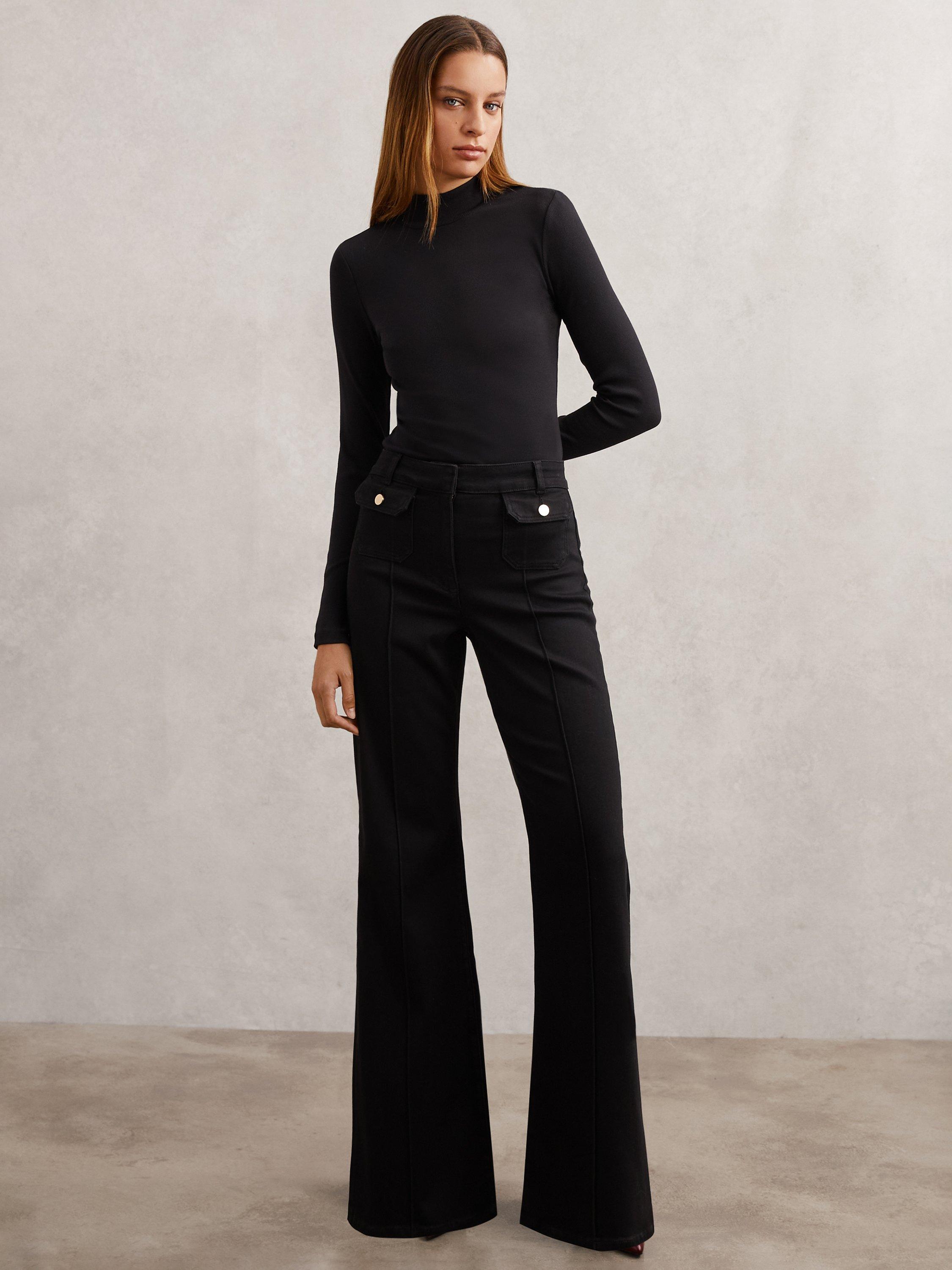 Product image 1 of 5, which shows Reiss Ria Button Detail Flared Jeans, Black, 29R