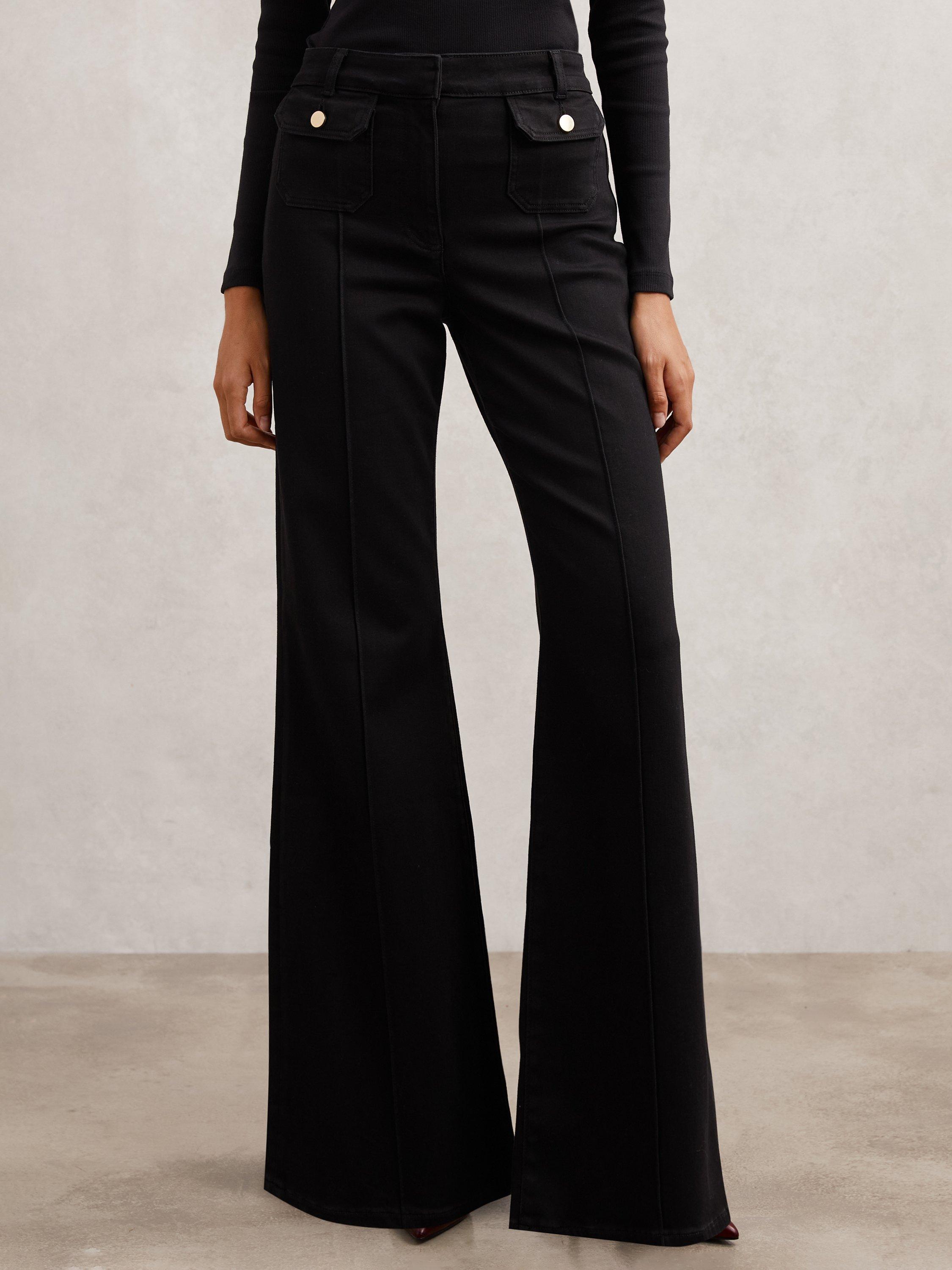 Product image 1 of 5, which shows Reiss Petite Ria Button Detail Flared Jeans, Black, 26Pt