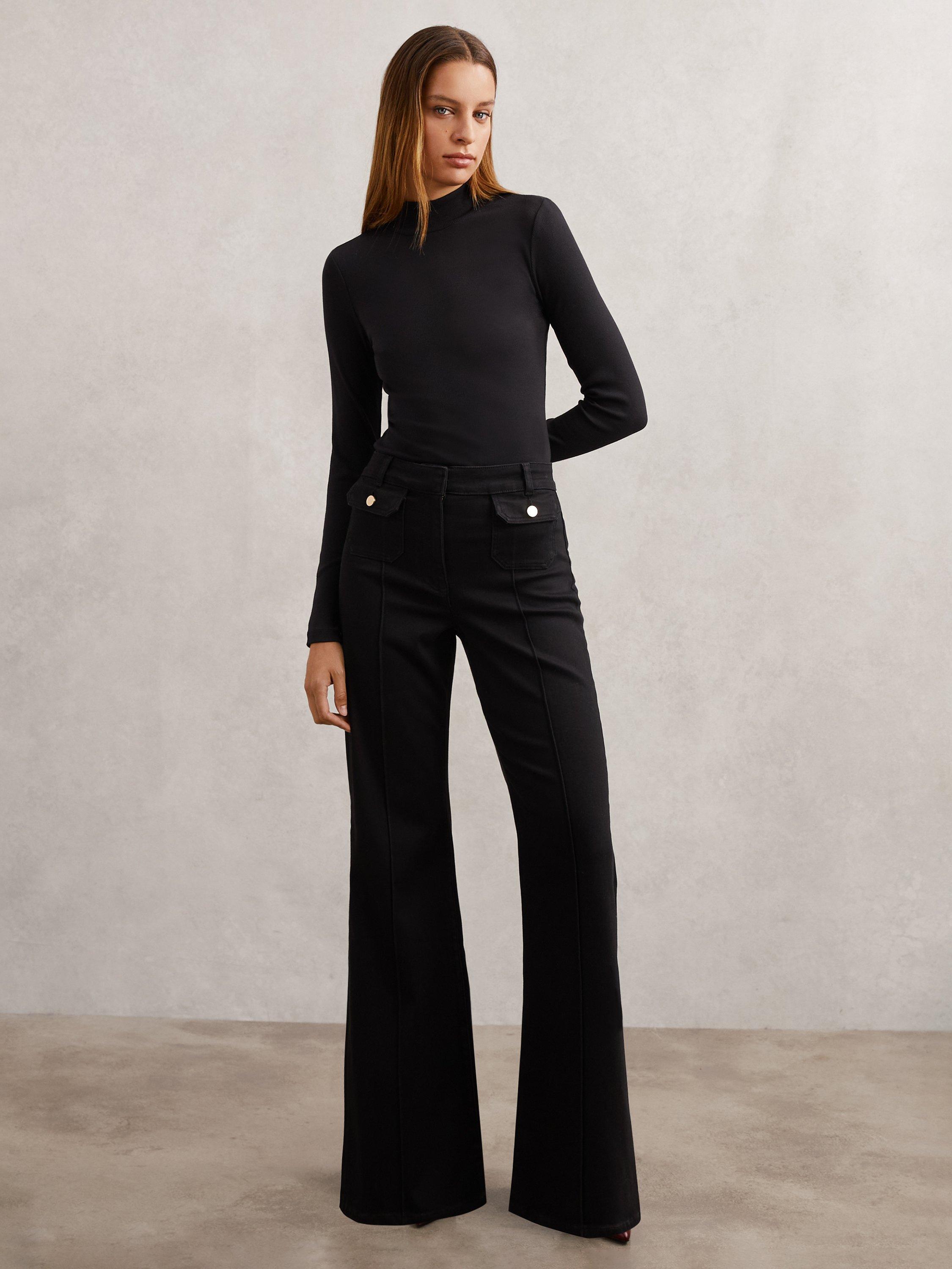 Product image 4 of 5, which shows Reiss Petite Ria Button Detail Flared Jeans, Black, 26Pt