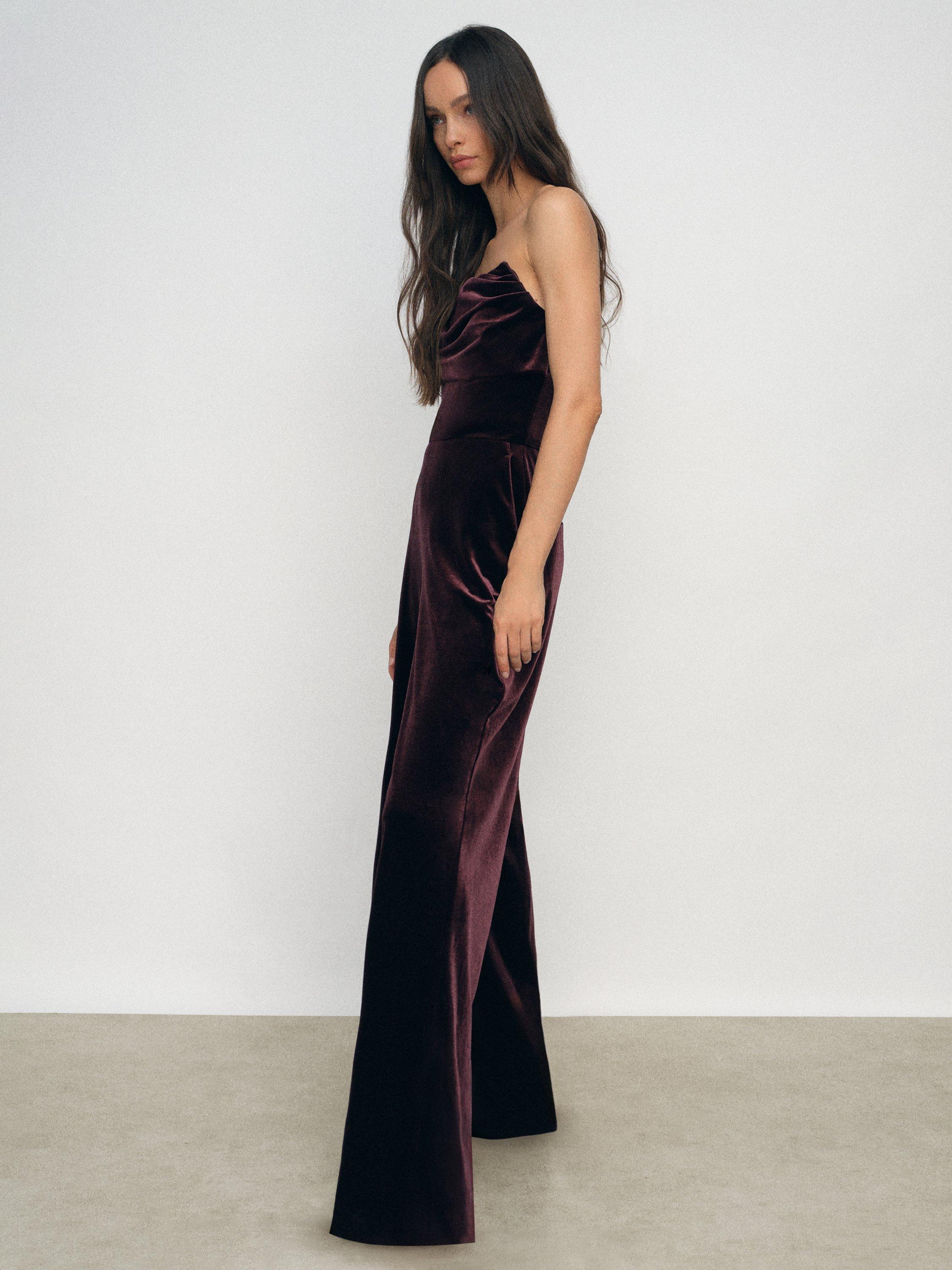 Reiss Petite Andria Bandeau Velvet Jumpsuit, Burgundy
