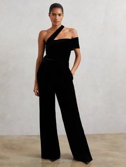 Reiss Daria Tailored Asymmetric Neck Velvet Jumpsuit, Black
