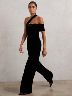 Reiss Daria Tailored Asymmetric Neck Velvet Jumpsuit - view 2, Black