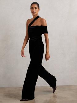 Reiss Petite Daria One Shoulder Velvet Jumpsuit, Black, Black