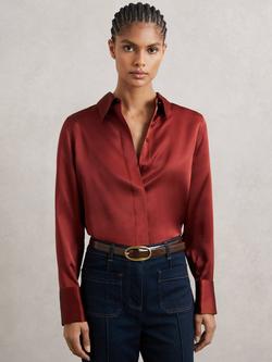 Reiss Ameira Silk-Satin Concealed-Placket Shirt, Dark Red
