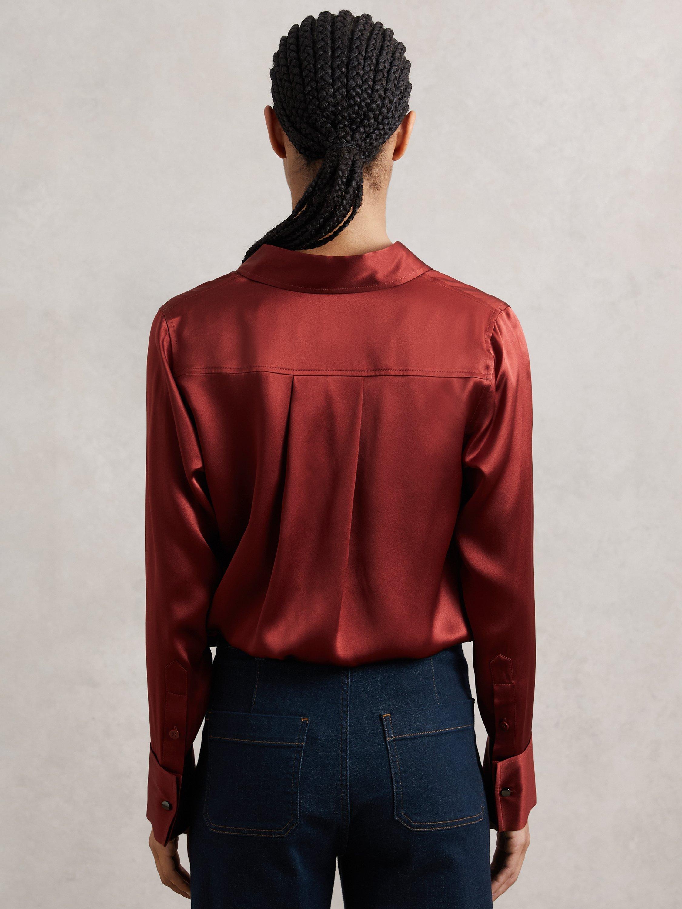 Product image 2 of 5, which shows Reiss Ameira Silk-Satin Concealed-Placket Shirt, Dark Red, 6