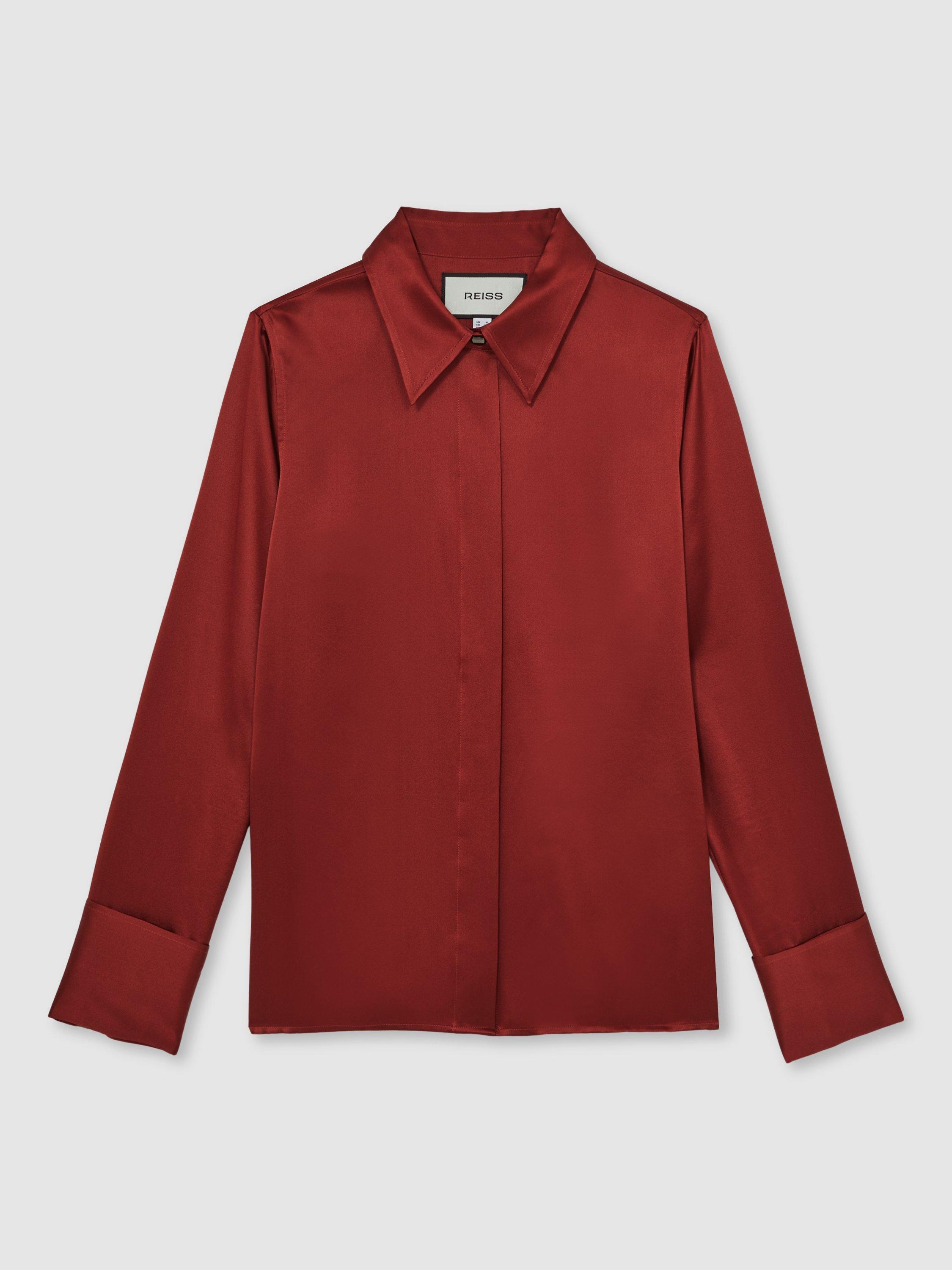 Product image 3 of 5, which shows Reiss Ameira Silk-Satin Concealed-Placket Shirt, Dark Red, 6