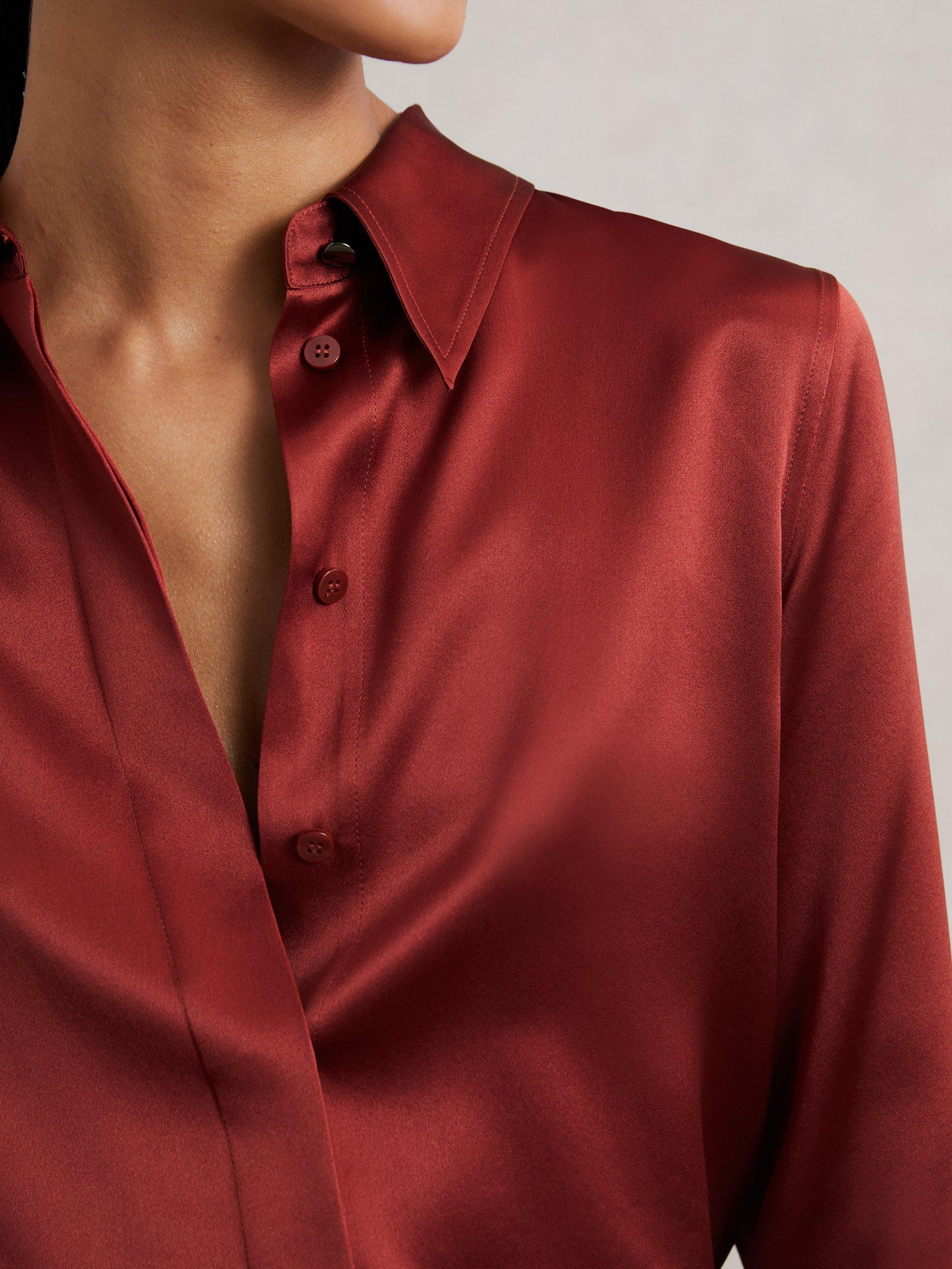 Product image 4 of 5, which shows Reiss Ameira Silk-Satin Concealed-Placket Shirt, Dark Red, 6