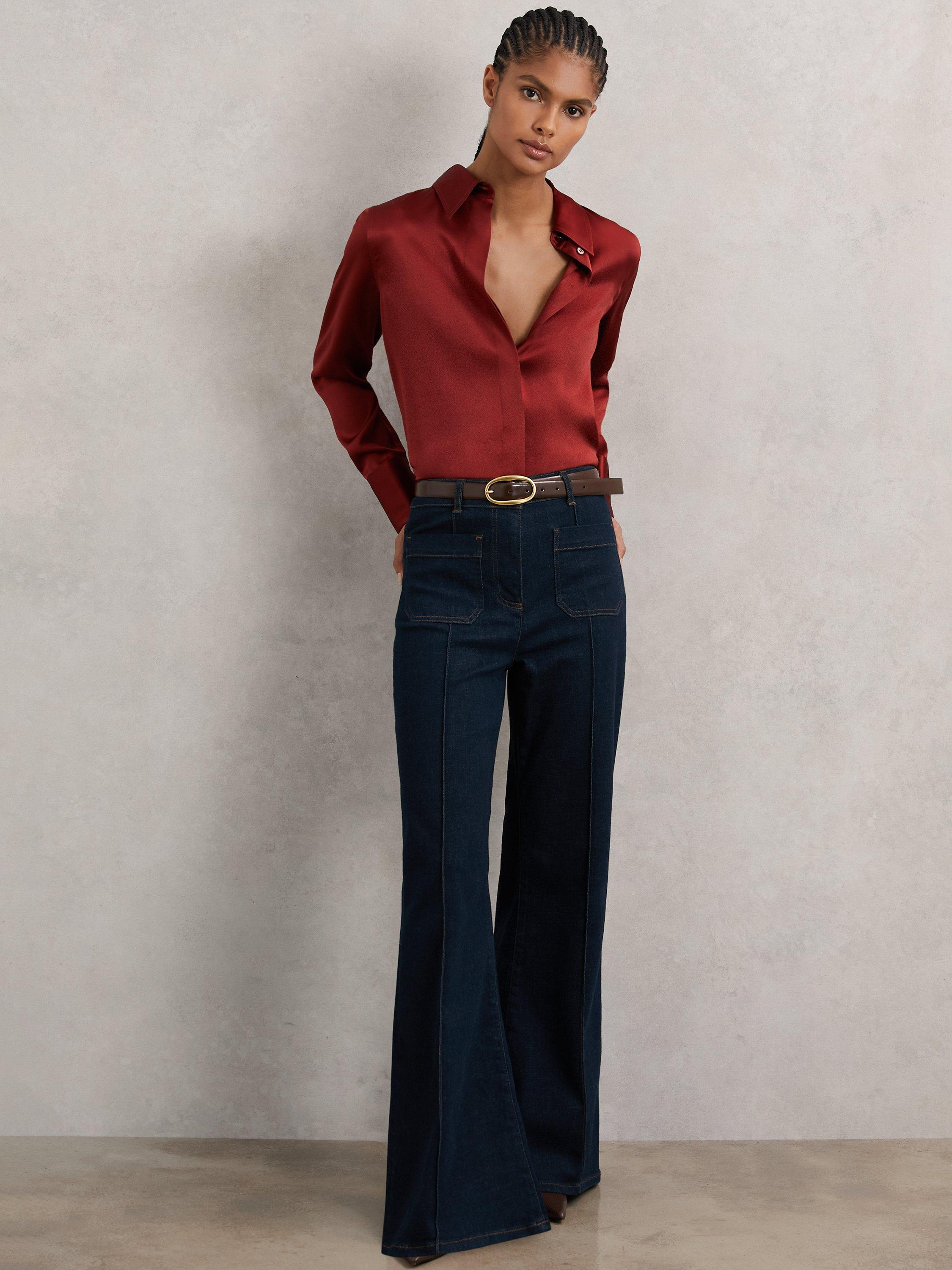 Product image 5 of 5, which shows Reiss Ameira Silk-Satin Concealed-Placket Shirt, Dark Red, 6