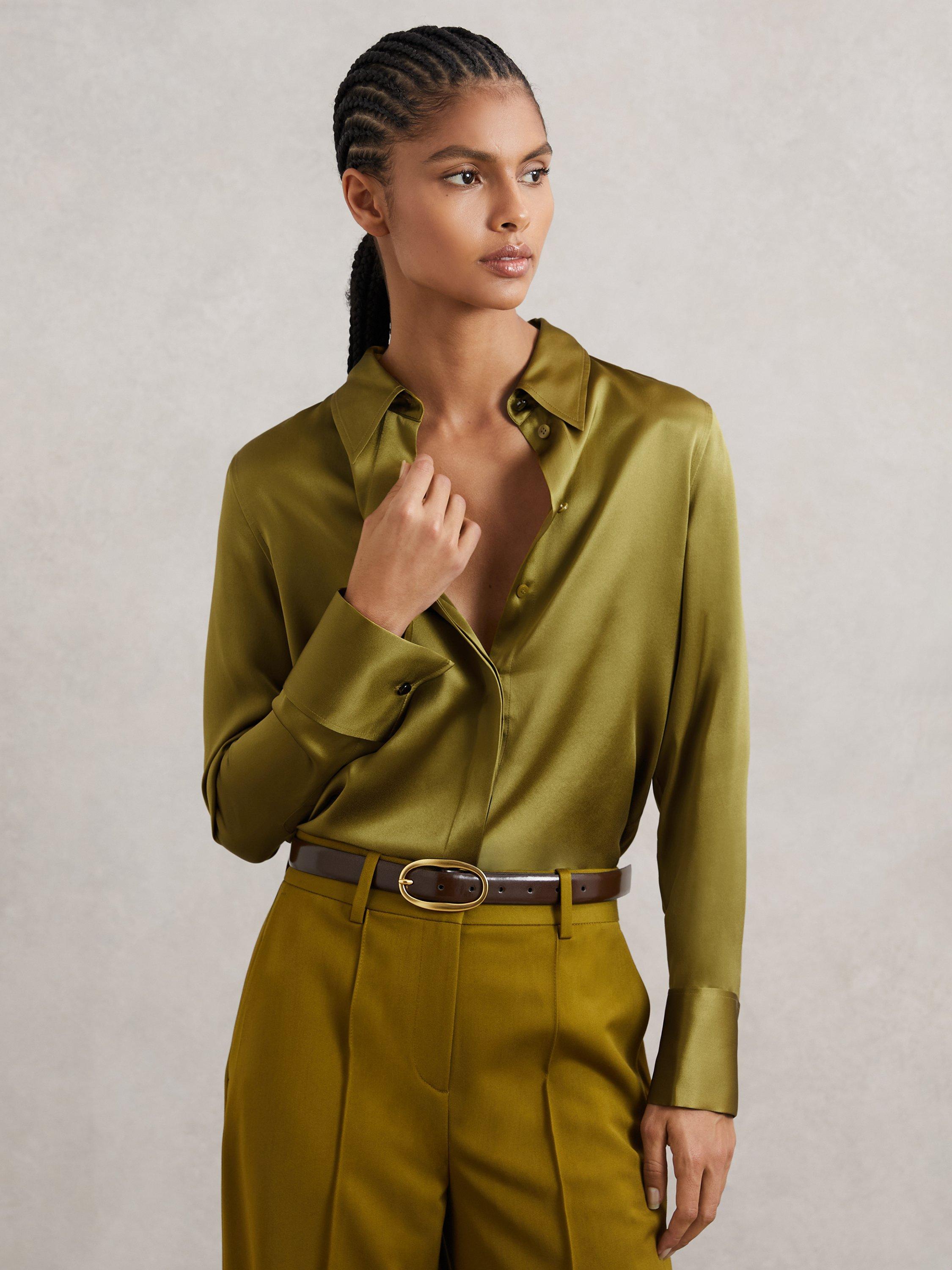 Product image 1 of 5, which shows Reiss Ameira Silk-Satin Concealed-Placket Shirt, Light Green, 6