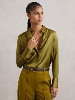 Reiss Ameira Silk-Satin Concealed-Placket Shirt, Light Green