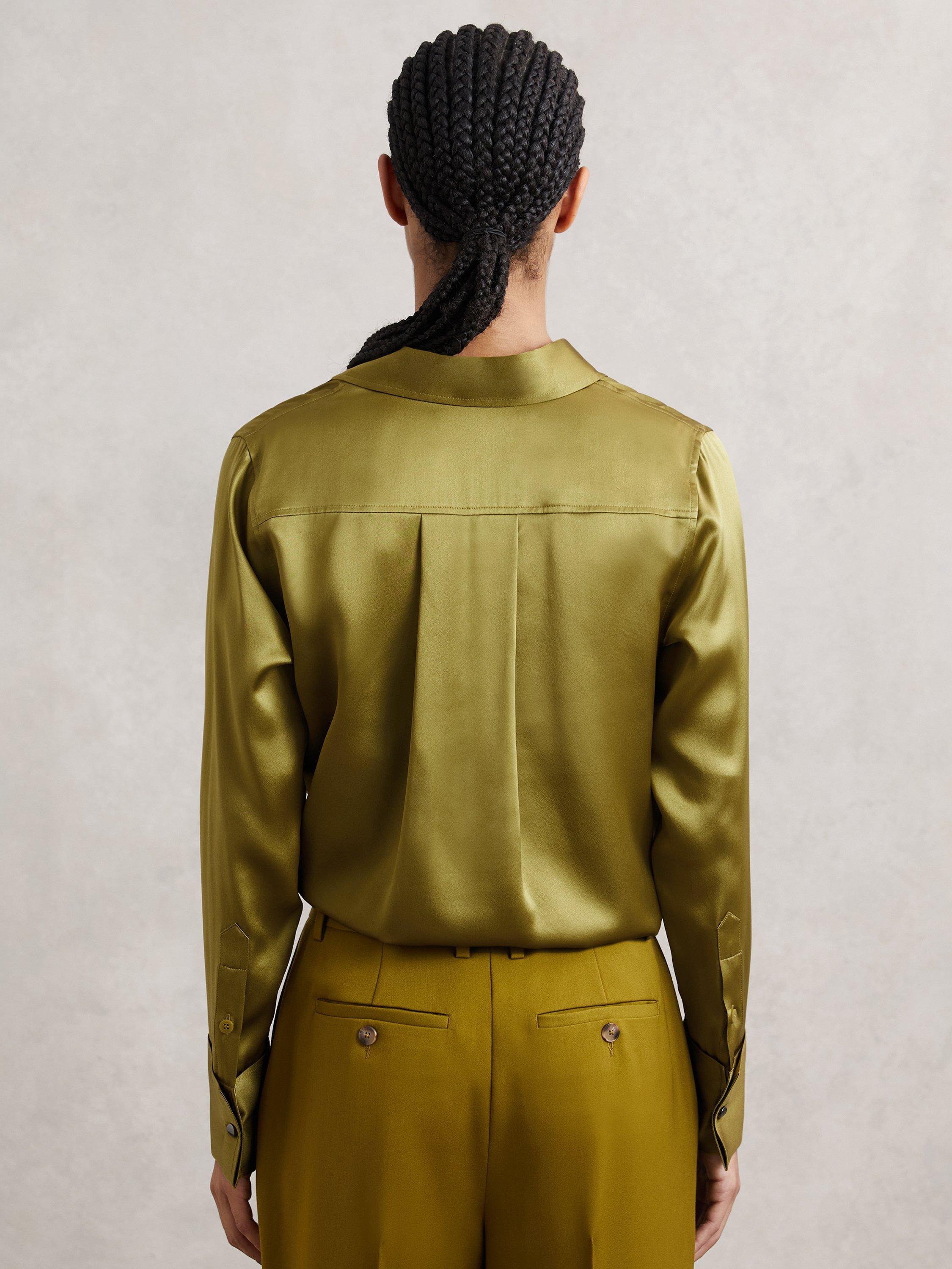 Product image 2 of 5, which shows Reiss Ameira Silk-Satin Concealed-Placket Shirt, Light Green, 6