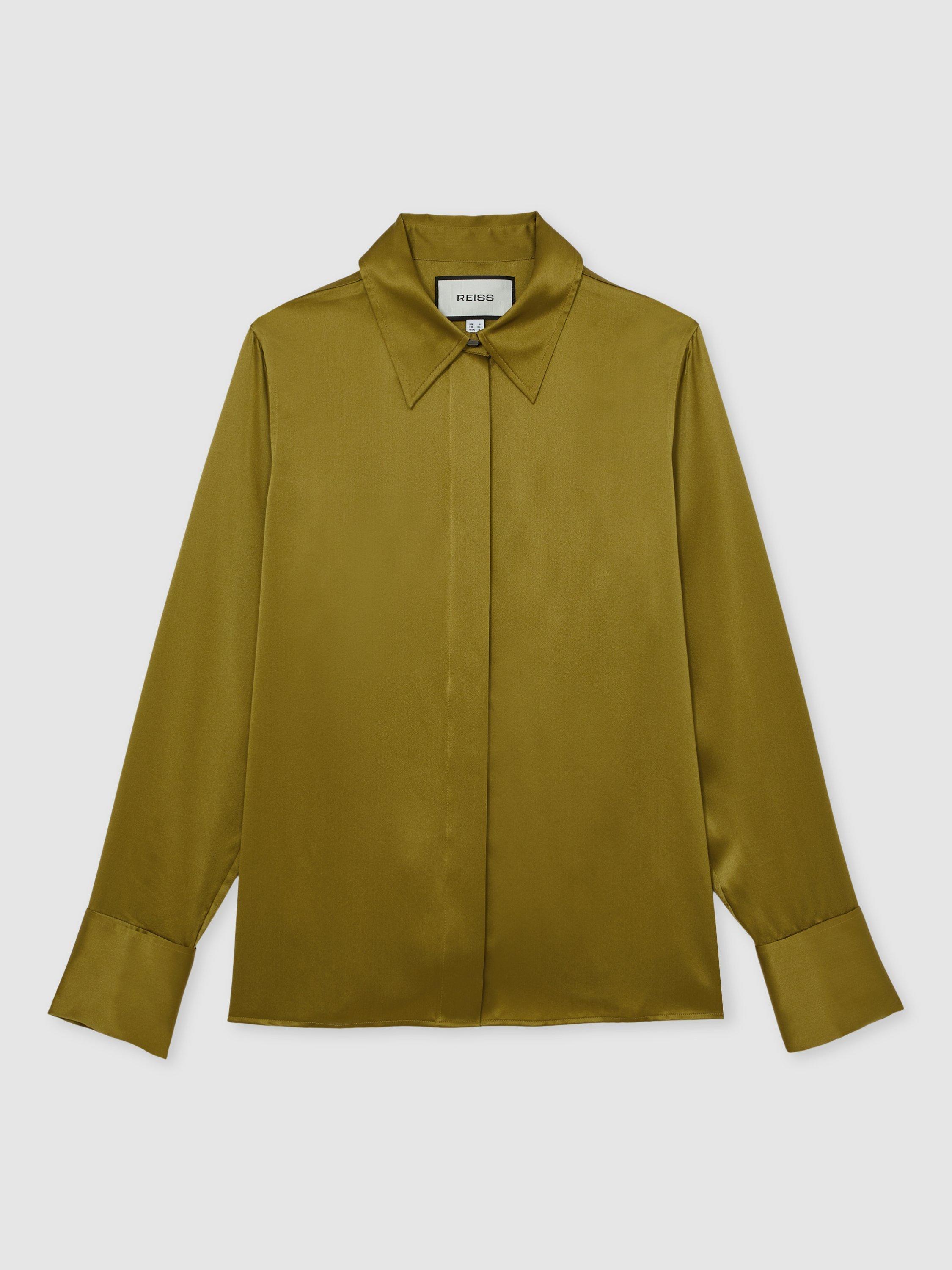Product image 3 of 5, which shows Reiss Ameira Silk-Satin Concealed-Placket Shirt, Light Green, 6