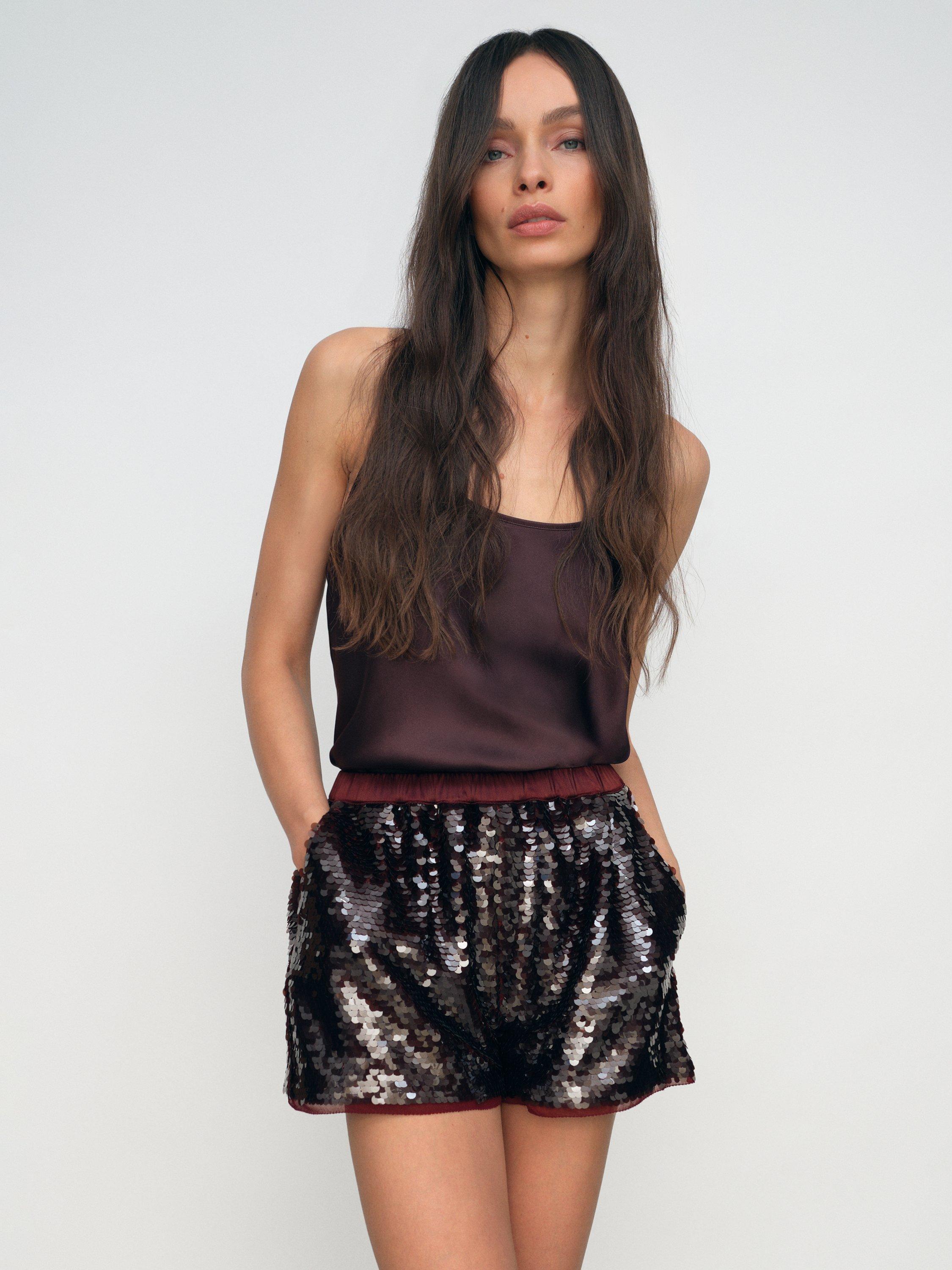 Product image 2 of 5, which shows Reiss Spence Sequin Shorts, Burgundy, 12
