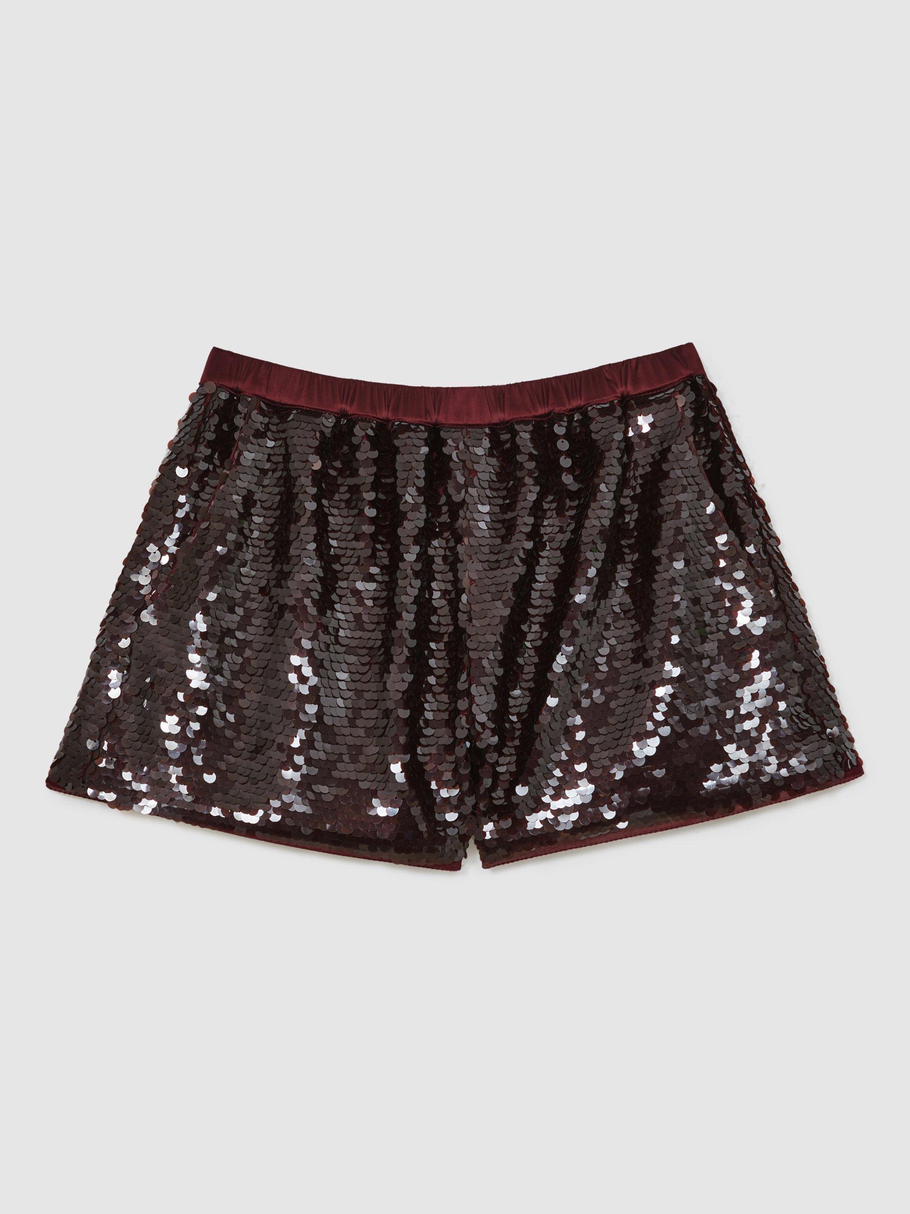 Product image 3 of 5, which shows Reiss Spence Sequin Shorts, Burgundy, 12