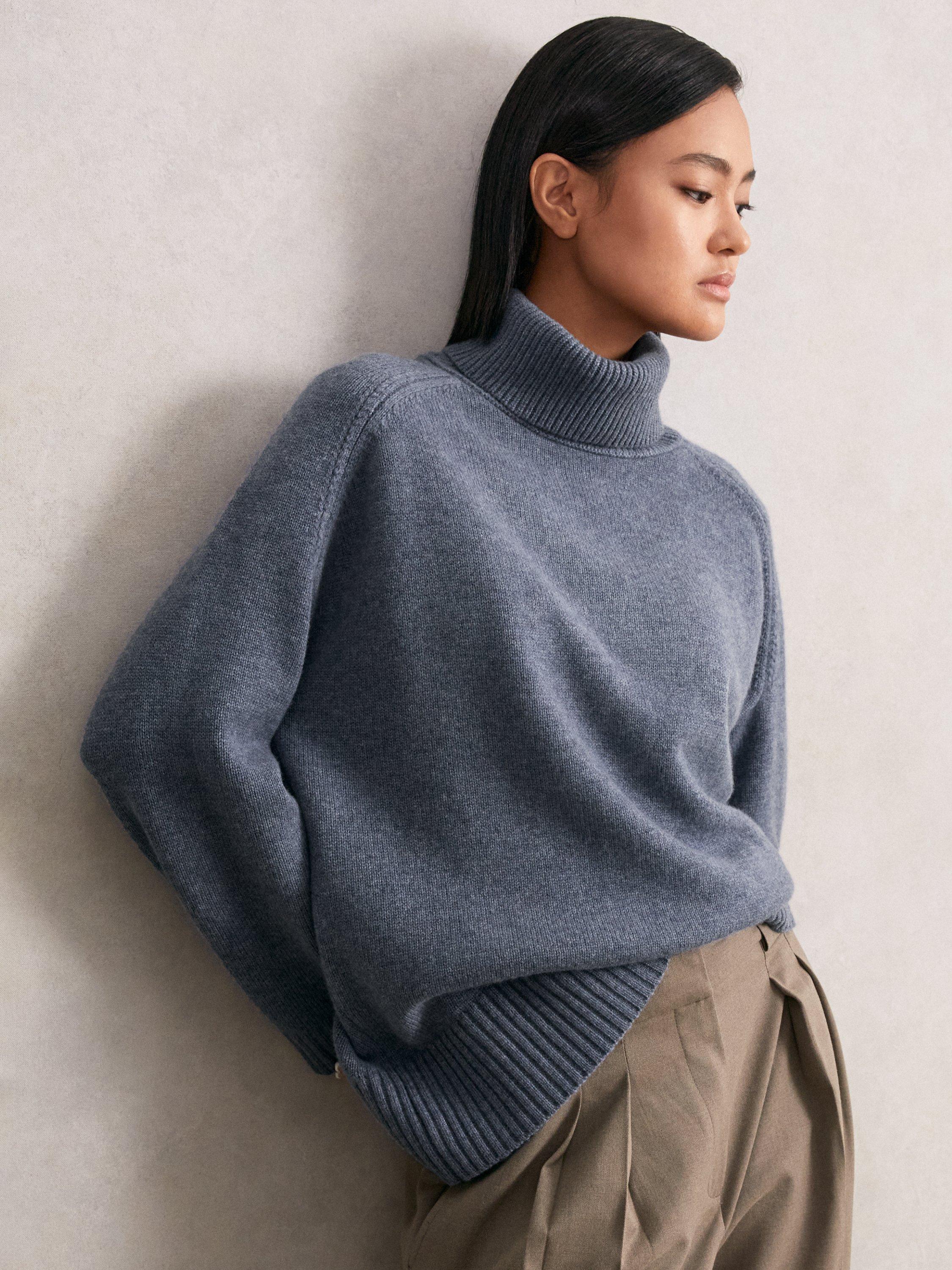 Product image 1 of 5, which shows Reiss Brooklyn Cashmere Blend Roll Neck Jumper , Blue Marl, M