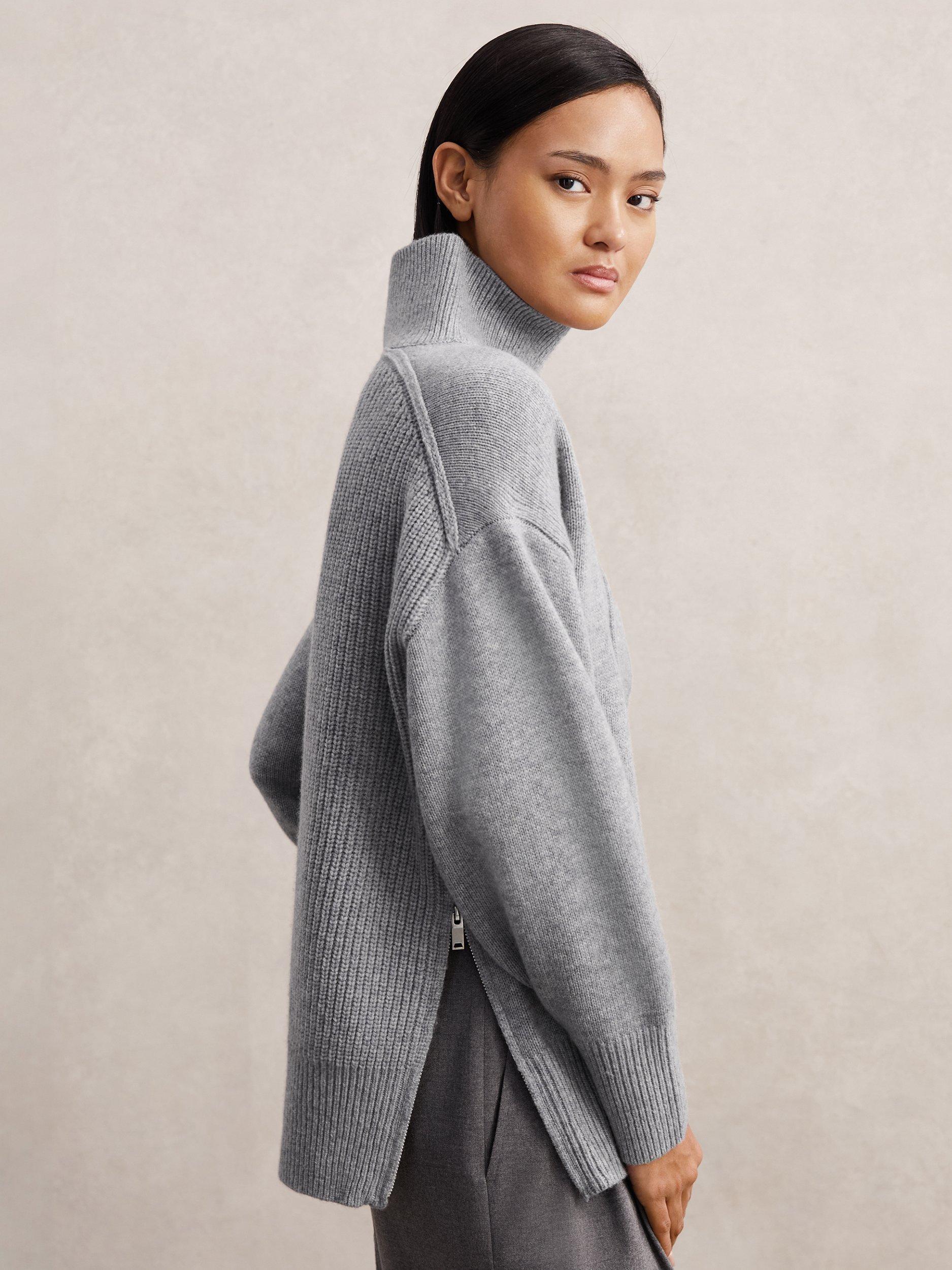 Reiss Harri Funnel Neck Pure Wool Jumper, Grey